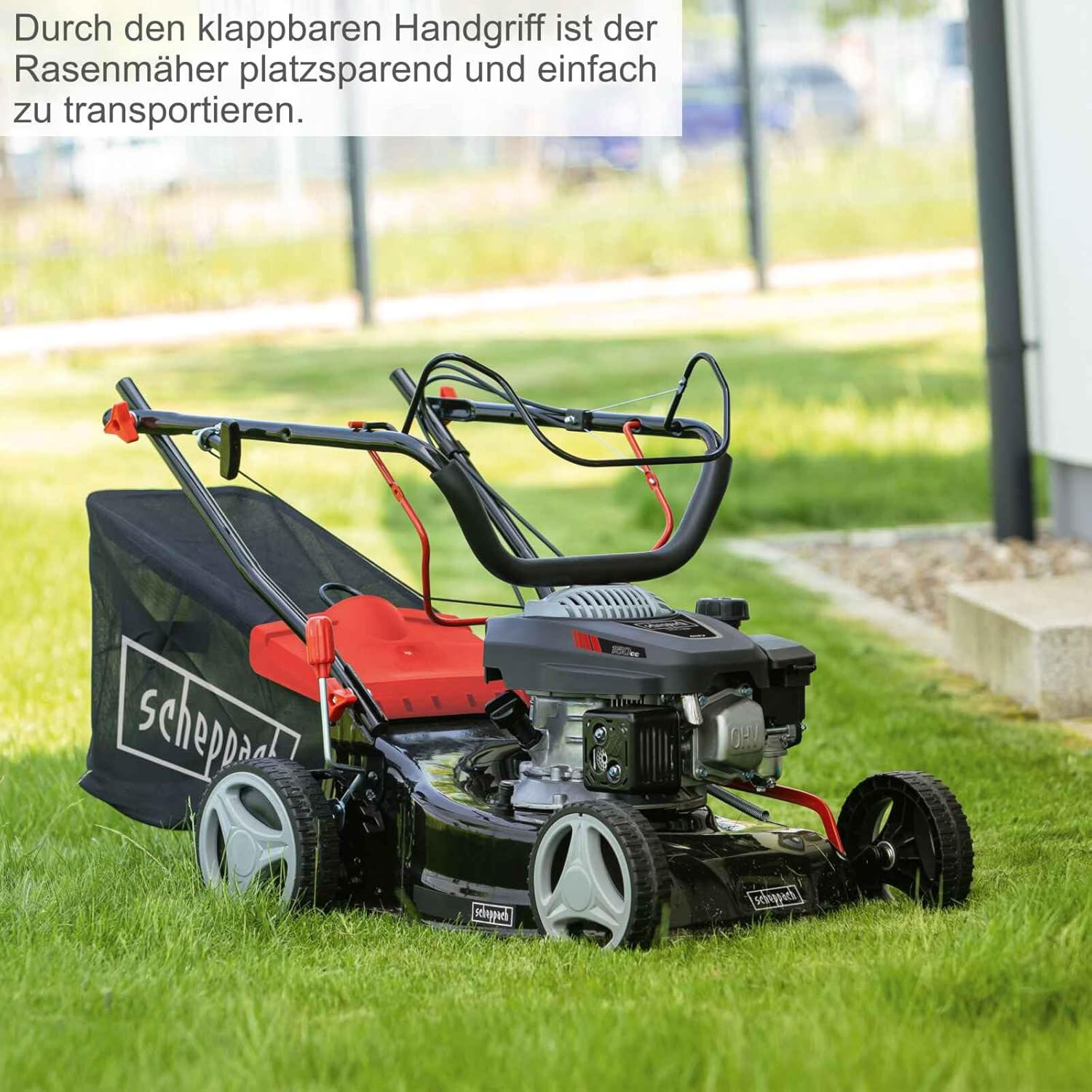 Scheppach Tondeuse à Gazon Thermique MS150-42 | Autotractée - 3,7 CV | Largeur de Coupe 42cm | Raccord Rapide de Nettoyage | Panier 45L | Hauteur - 7 Niveaux | Lame supp. + Huile Incluse