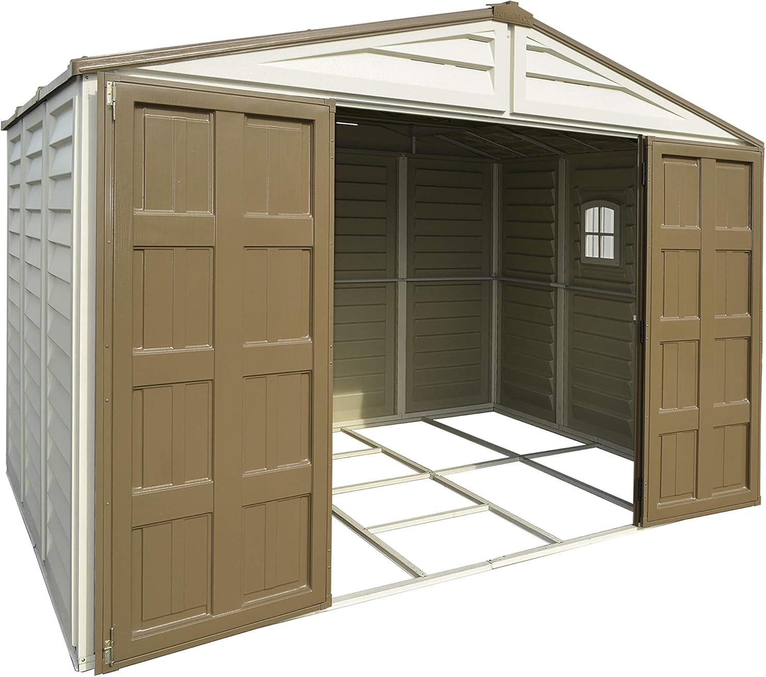 Duramax WoodBridge Plus 10 x 8 (7.64 m²) Abri de jardin en plastique avec 1 fenêtre fixe et kit de fondation en métal, structure de toit en métal robuste et abri de jardin sans entretien - Ivory/Brown