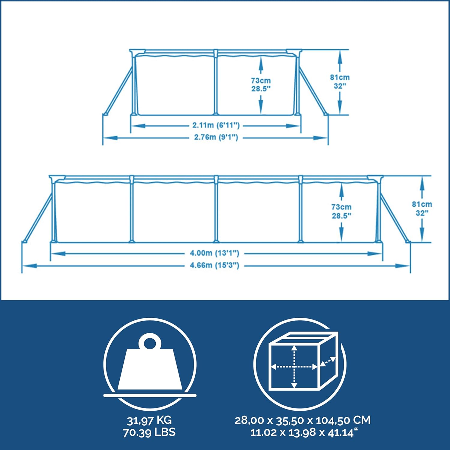 Bestway Steel Pro Frame Piscine carrée sans pompe en acier Bleu 400 x 211 x 81 cm bleu 56405
