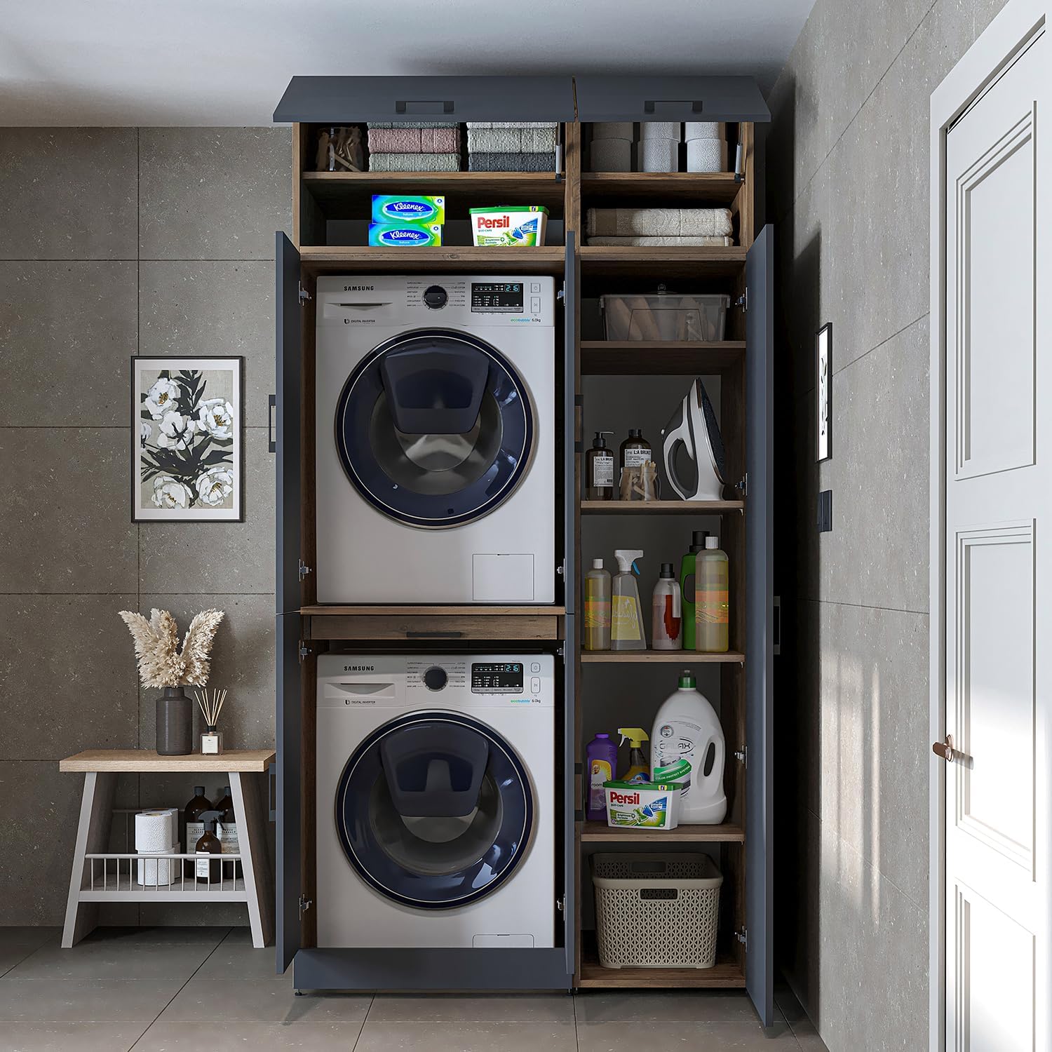 ROOMART Dora - Armoire de machine à laver - Pour sèche-linge et machine à laver - En 4 couleurs - Avec portes et panneau coulissant - Blanc - Chêne blanc - Chêne anthracite - Chêne blanc (chêne blanc)