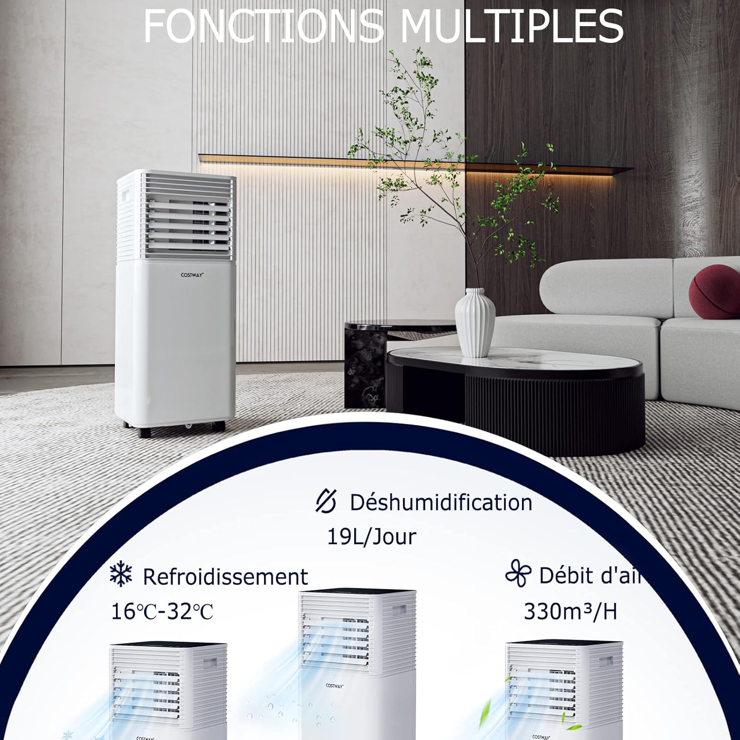 GOPLUS Climatiseur Mobile 9000BTU 2,6kW, Climatiseur 4 en 1 Fonction de Refroidissement, Déshumidification, Ventilation, Mode Nuit, Minuterie 24H, Contrôle Télécommande/Écran, 20㎡, Noir, R290