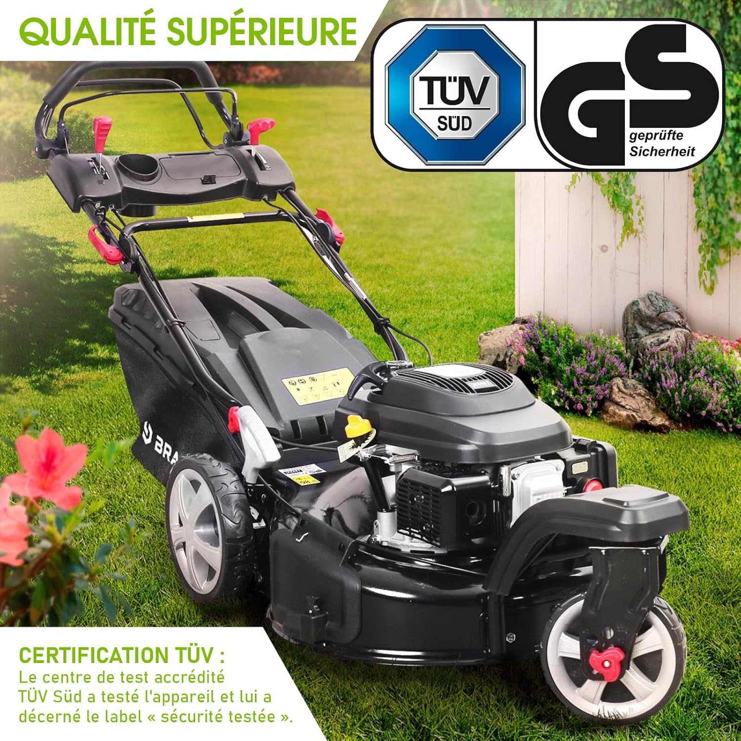 BRAST tondeuse thermique 3 roues TRIKE E-START 224cc 53cm tractée démarrage électrique mulching 4en1 capot en tôle en acier 60l - moteur 4 temps de la marque française GT reglable
