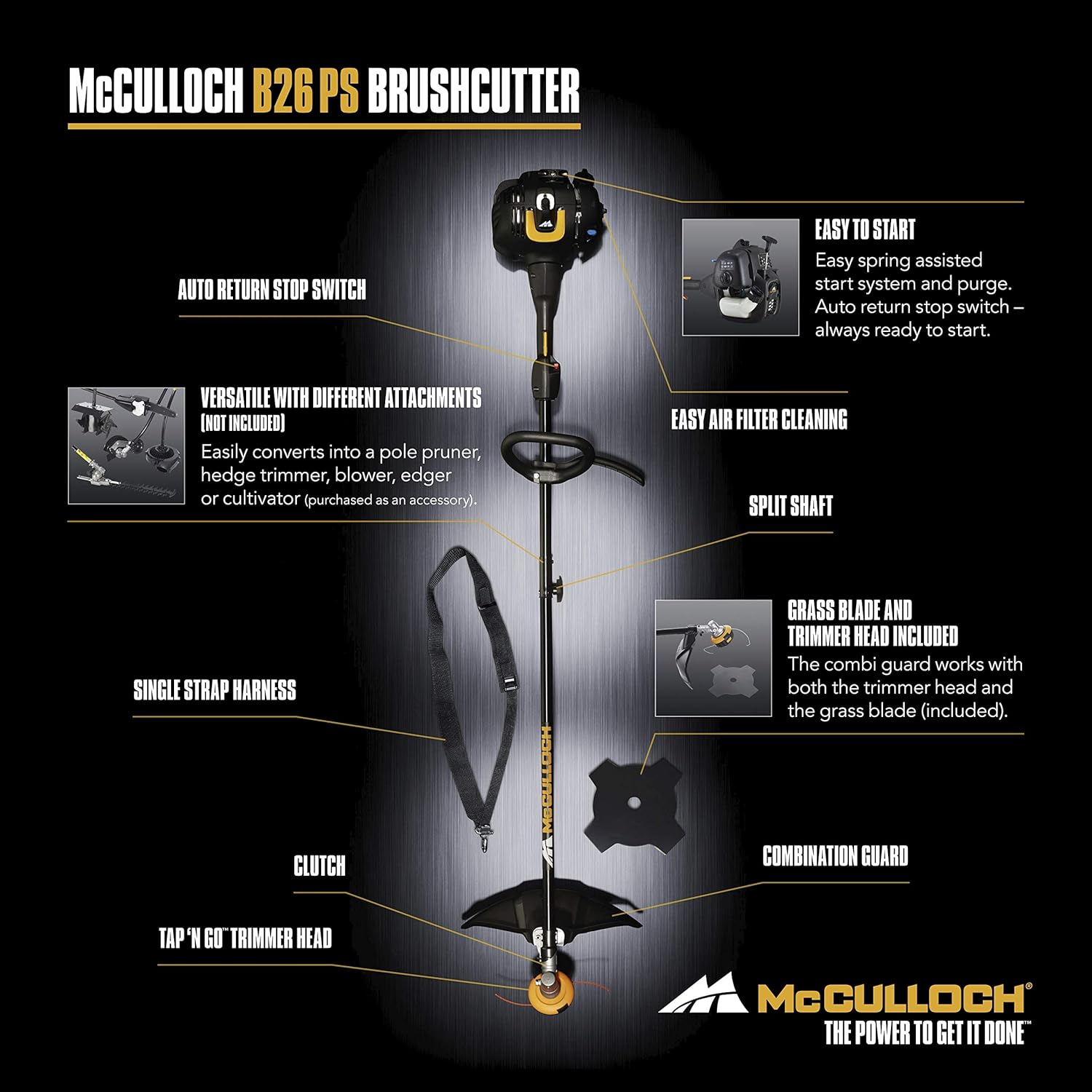 Débroussailleuse thermique McCulloch B26 PS : Débroussailleuse d’une largeur de travail de 40 cm (avec fil de coupe), interrupteur Marche/Arrêt automatique (N° d’art. 00096-72.078.01)