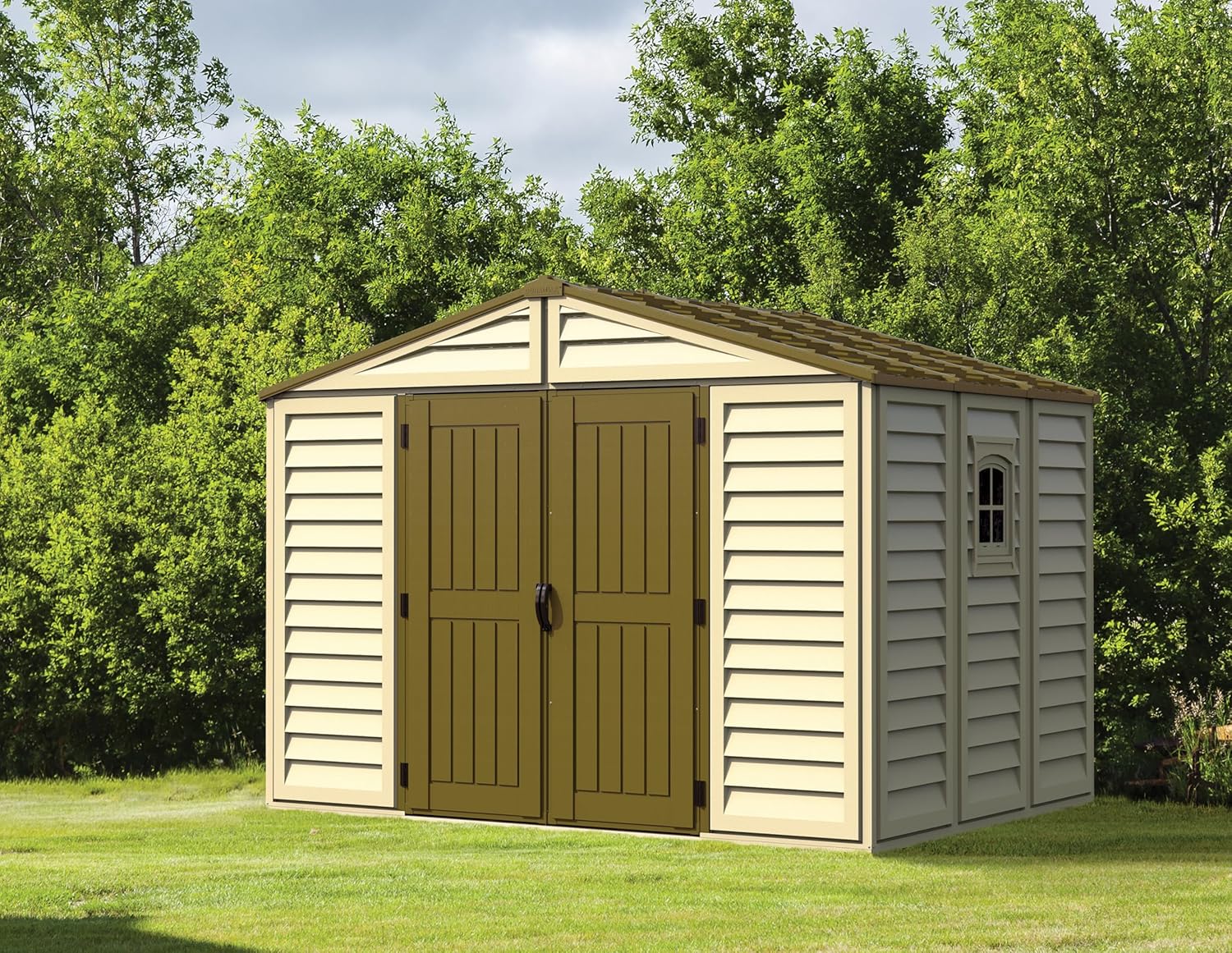 Duramax WoodBridge Plus 10 x 8 (7.64 m²) Abri de jardin en plastique avec 1 fenêtre fixe et kit de fondation en métal, structure de toit en métal robuste et abri de jardin sans entretien - Ivory/Brown