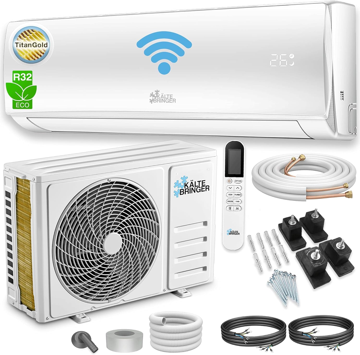Kältebringer Climatiseur Split - 18000 BTU (5,1 kW) - Avec fonction chauffage, WiFi et App - très silencieux & économe en énergie - kit complet, 5m conduite de frigorigène, R32, matériel de montage