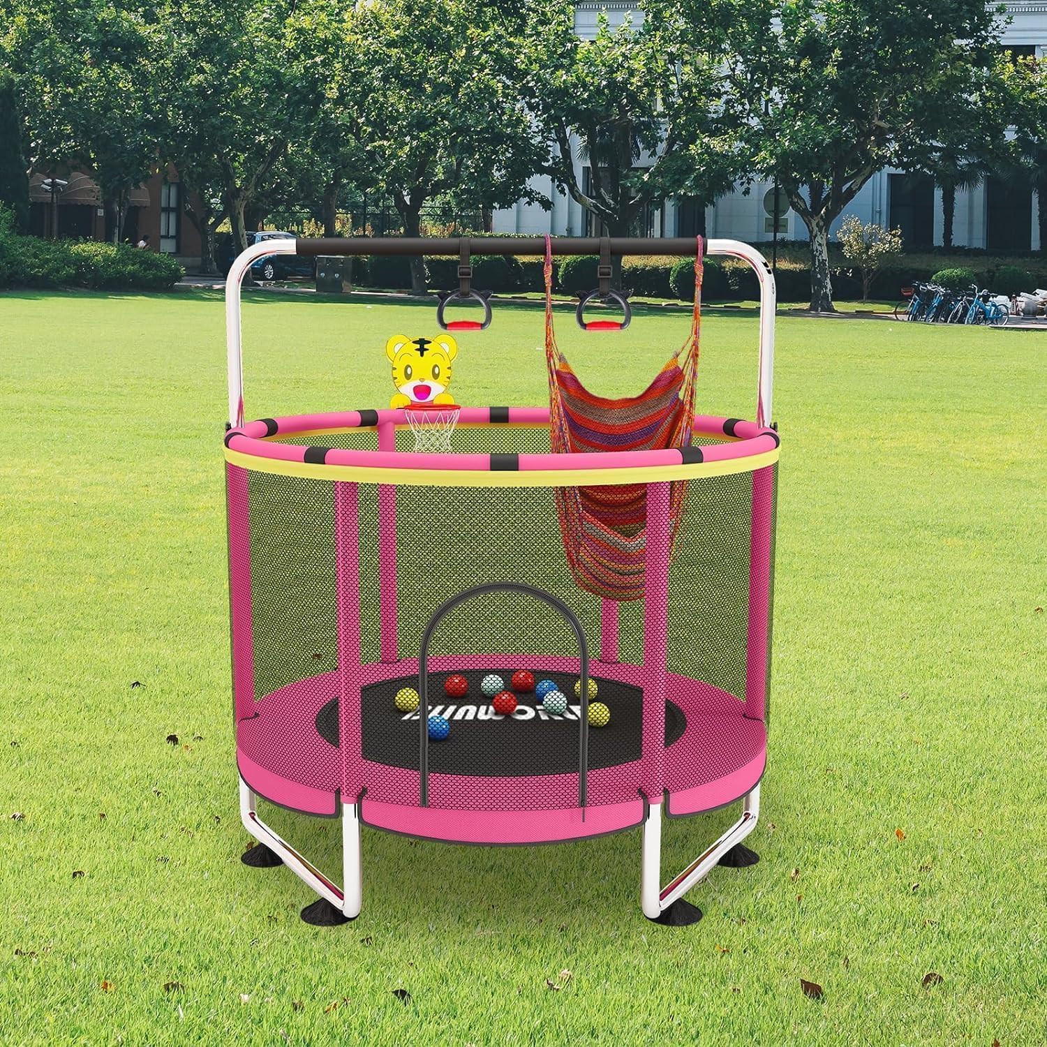 Trampoline pour Enfants, Trampoline réglable pour bébé avec Panier de Basket-Ball, Trampoline intérieur et extérieur de 200 kg avec enclos