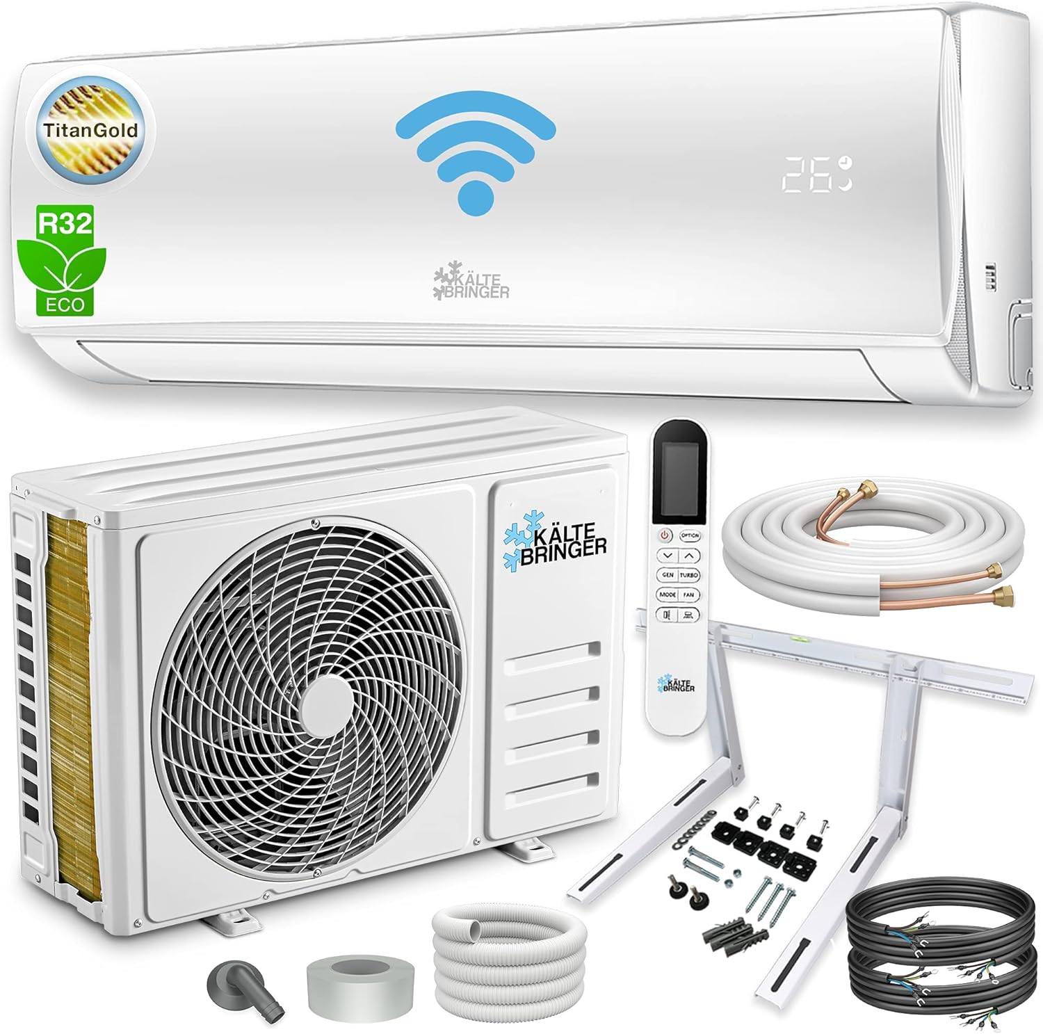 Kältebringer Climatiseur Split - 18000 BTU (5,1 kW) - Avec fonction chauffage, WiFi et App - très silencieux & économe en énergie - kit complet, 5m conduite de frigorigène, R32, matériel de montage