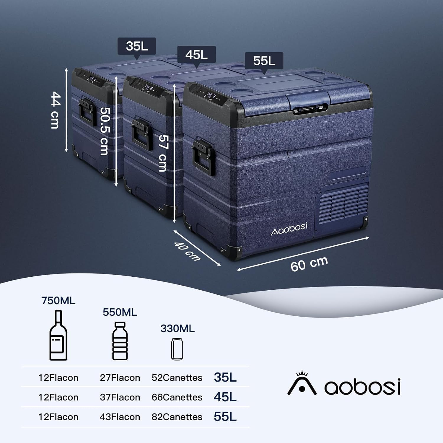 AAOBOSI 46 L Glaciere a Compression, Glaciere Electrique Double Zone, 12 V/24 V et 100-240 V Frigo Camping, -20 ℃ à 20 ℃, pour Voiture, Camion, Bateau, Camping-Car