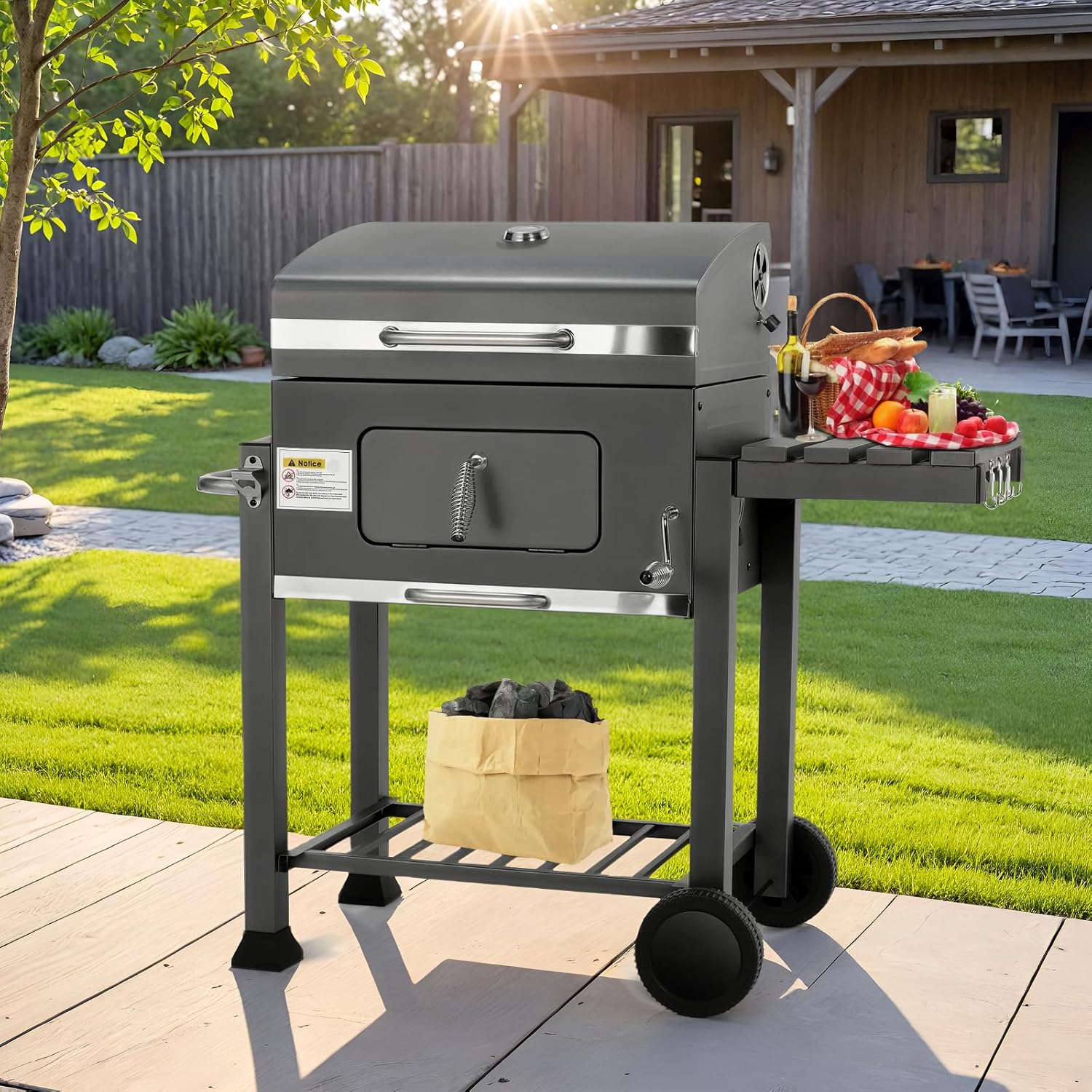 Barbecue Charbon de Bois XL, Chariot à Barbecue, Grill XL à Charbon avec Couvercle, Roues et Thermomètre, Réglable en Hauteur, Grand Barbecue au Charbon de Bois, pour Camping et Jardin, Noir