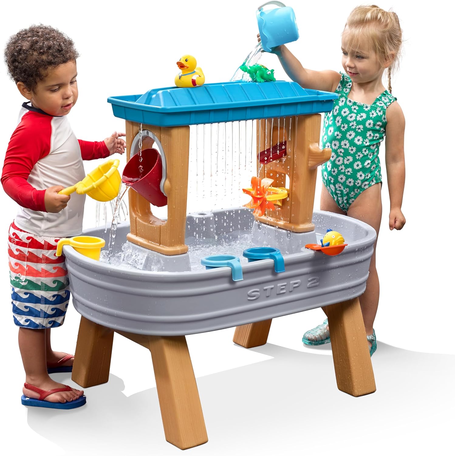 Step2 Rain Shower Splash Table d'eau avec 13 Accessoires - Bleu & Vert | Table Jeux d'eau | Table d’activité pour Le Jardin, Table Activité Eau | Table d'eau Extérieur