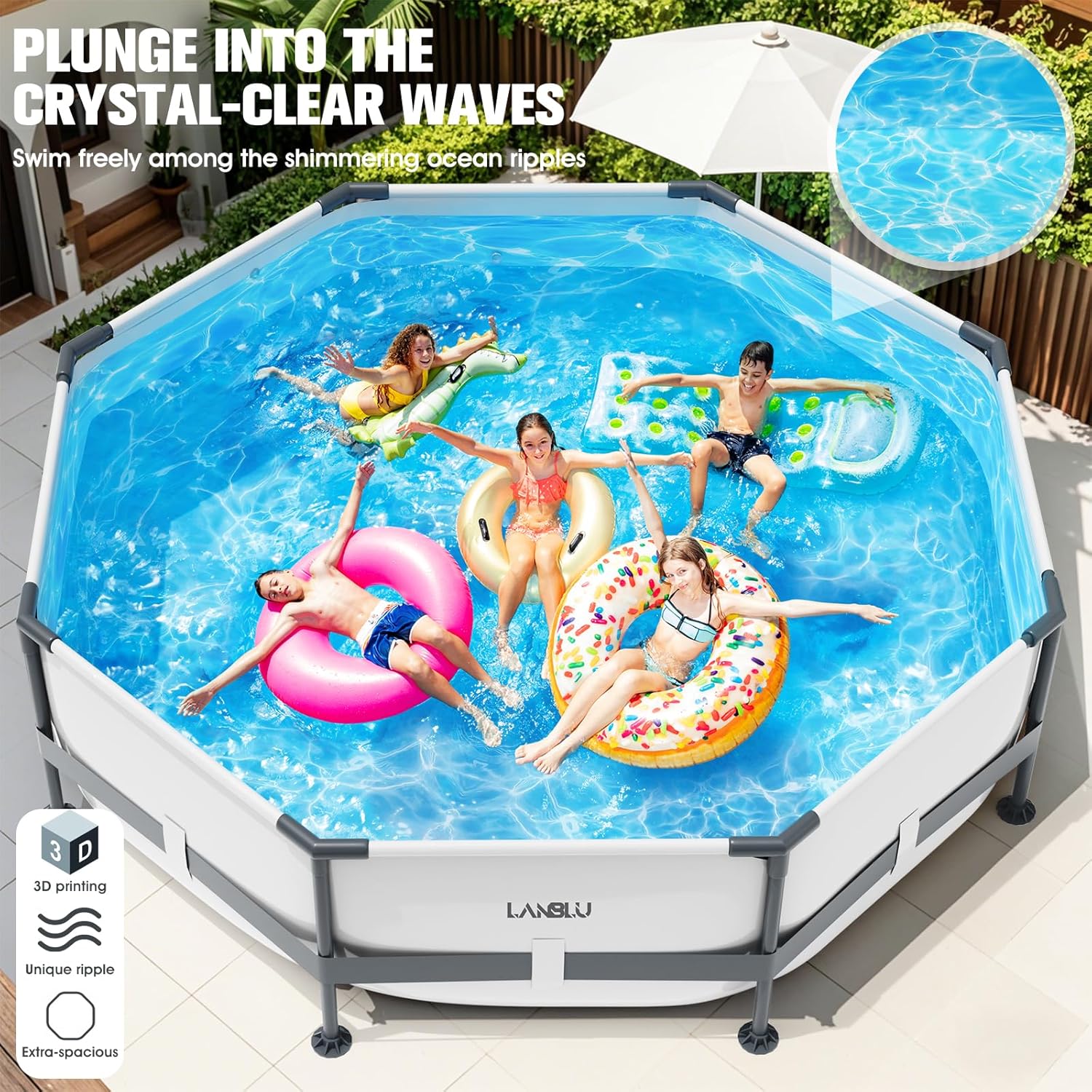 LanBlu Piscine Tubulaire Ronde 300 x 300 x 76cm, Piscine Hors Sol Ronde avec Matériau Anti-Crevaison, Grande Piscines Steel Frame Adulte Vidange Rapide, Piscines Tubulaire Jardin pour Toute la Famille