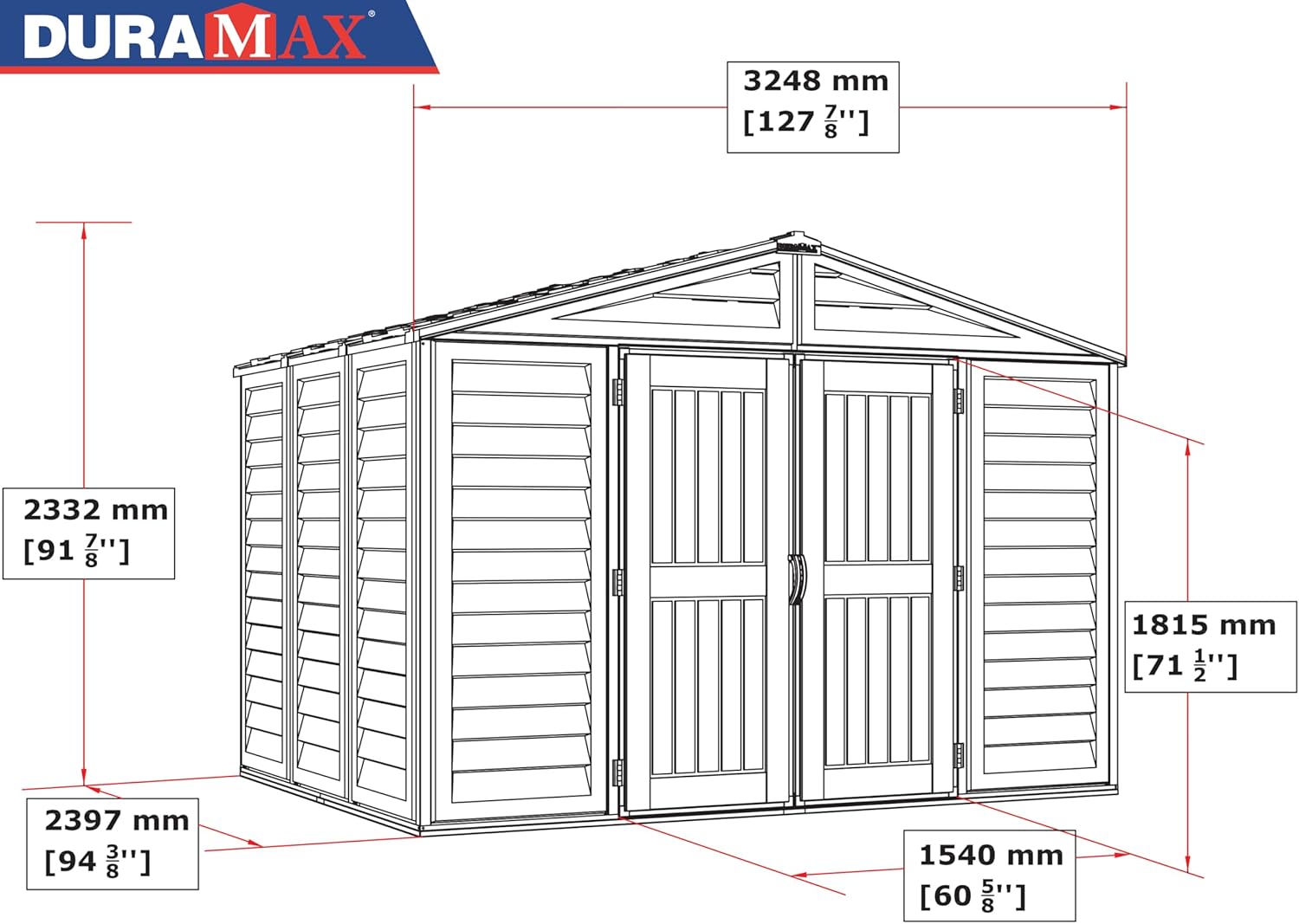 Duramax WoodBridge Plus 10 x 8 (7.64 m²) Abri de jardin en plastique avec 1 fenêtre fixe et kit de fondation en métal, structure de toit en métal robuste et abri de jardin sans entretien - Ivory/Brown