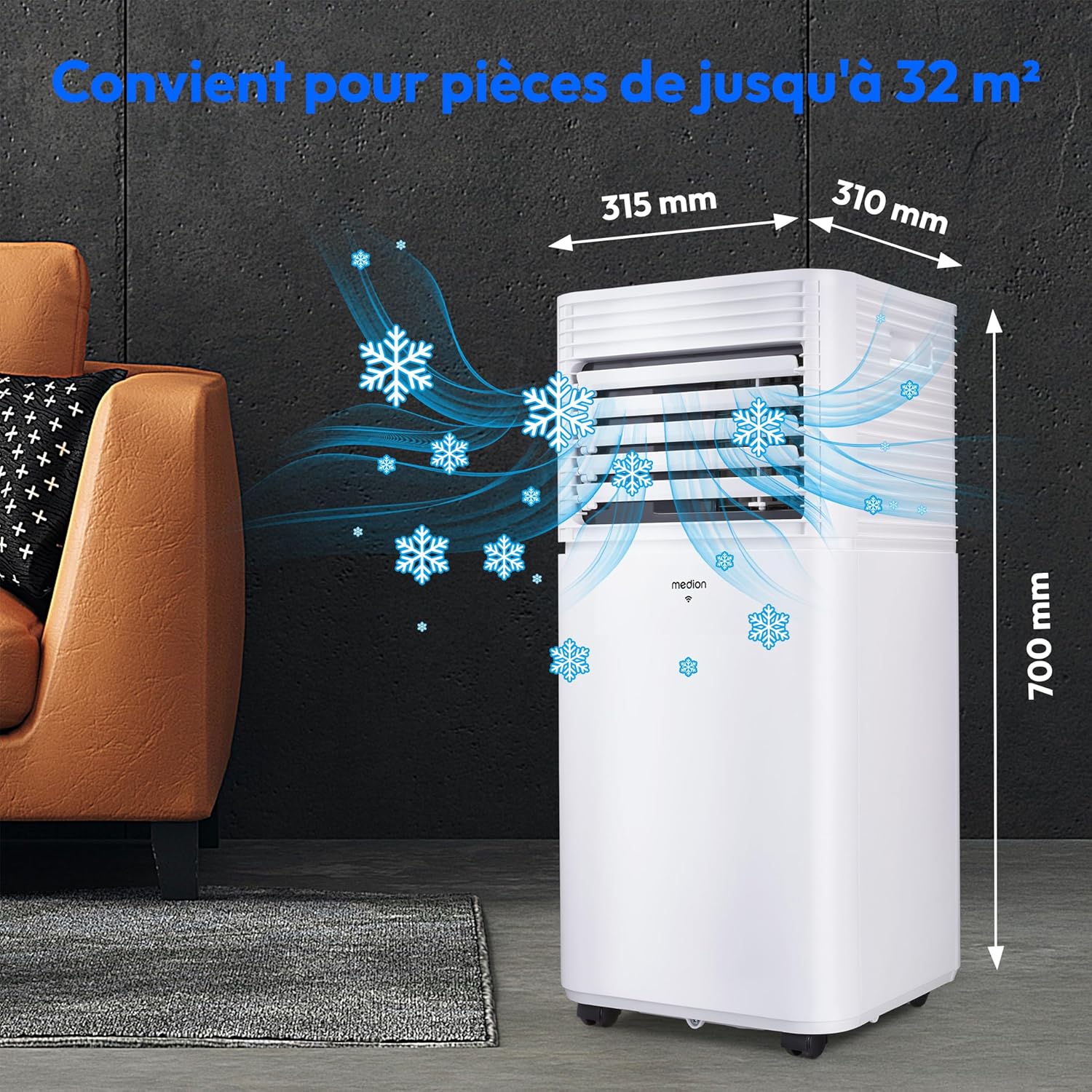 MEDION Smart Climatiseur Mobile P1002 (10000 BTU, 3-en-1, Refroidir, Déshumidification, Ventilation, jusqu'à 34m², kit de joint de fenêtre, mode sommeil, contrôle Wifi, Télécommande, Écran, MD 37733)
