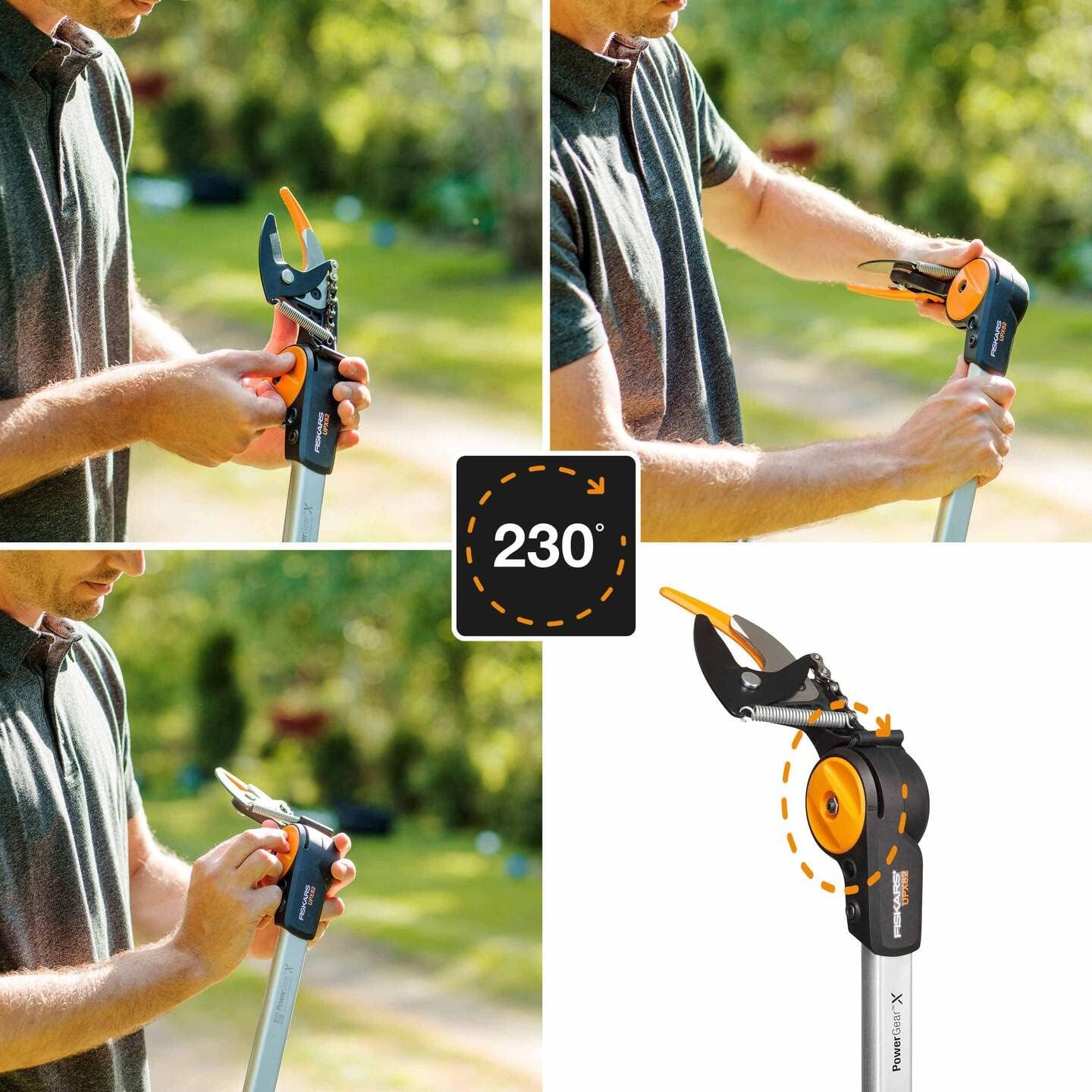 Fiskars Coupe-Branches Multifonctions Télescopique, pour Bois vert et Rameaux, Revêtement antiadhésif, Lame en acier/manche en aluminium, longueur 2,4 - 4 m, noir/orange, UPX86, 1023624