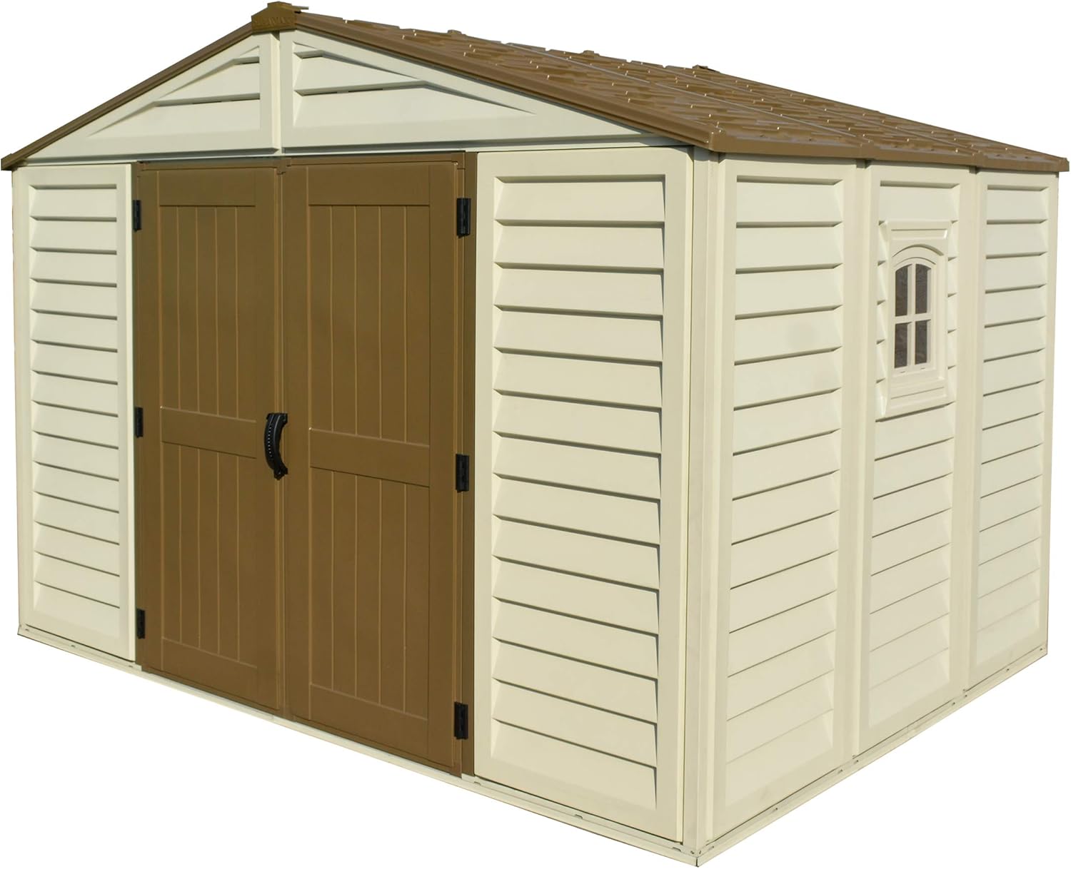 Duramax WoodBridge Plus 10 x 8 (7.64 m²) Abri de jardin en plastique avec 1 fenêtre fixe et kit de fondation en métal, structure de toit en métal robuste et abri de jardin sans entretien - Ivory/Brown