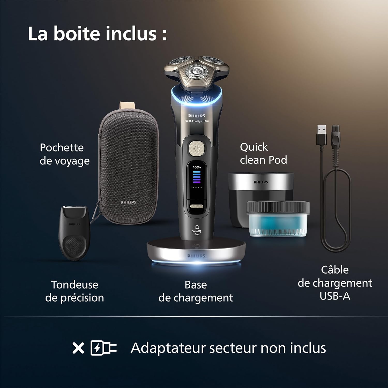 Philips Rasoir i9000 Prestige Ultra, Rasoir électrique 100% étanche, Technologie Skin IQ Pro, Système Triple Lift & Cut, Lames de précision NanoTech rotatives 360°, 5 modes de rasage, XP9401/38