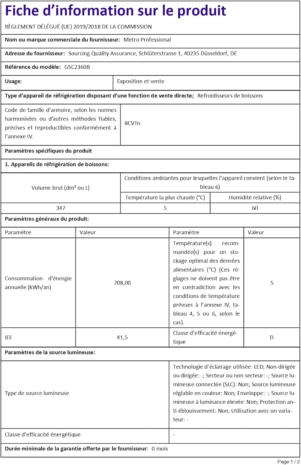 METRO Professional Réfrigérateur à Boissons GSC2360B, Acier/Verre, 62 x 63.6 x 175.3 cm, 347 L, avec Serrure, Noir
