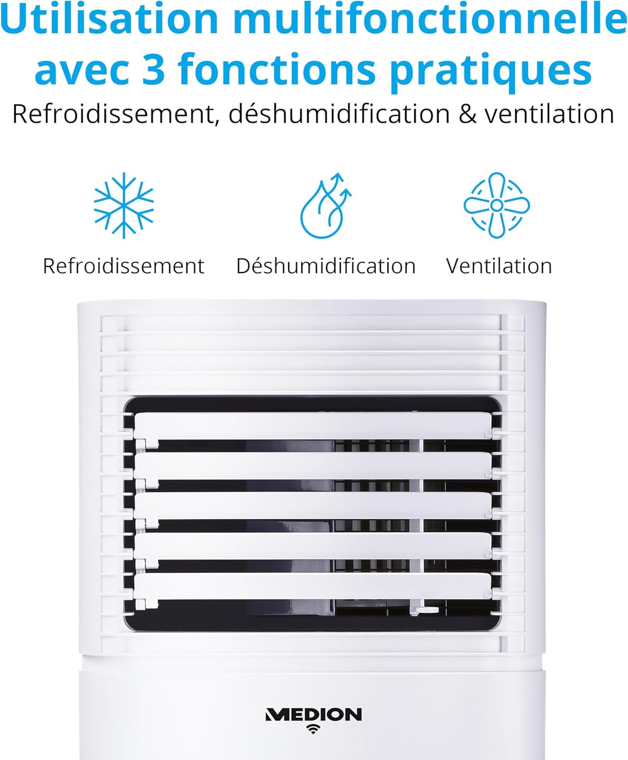 MEDION Smart Climatiseur Mobile P1002 (10000 BTU, 3-en-1, Refroidir, Déshumidification, Ventilation, jusqu'à 34m², kit de joint de fenêtre, mode sommeil, contrôle Wifi, Télécommande, Écran, MD 37733)