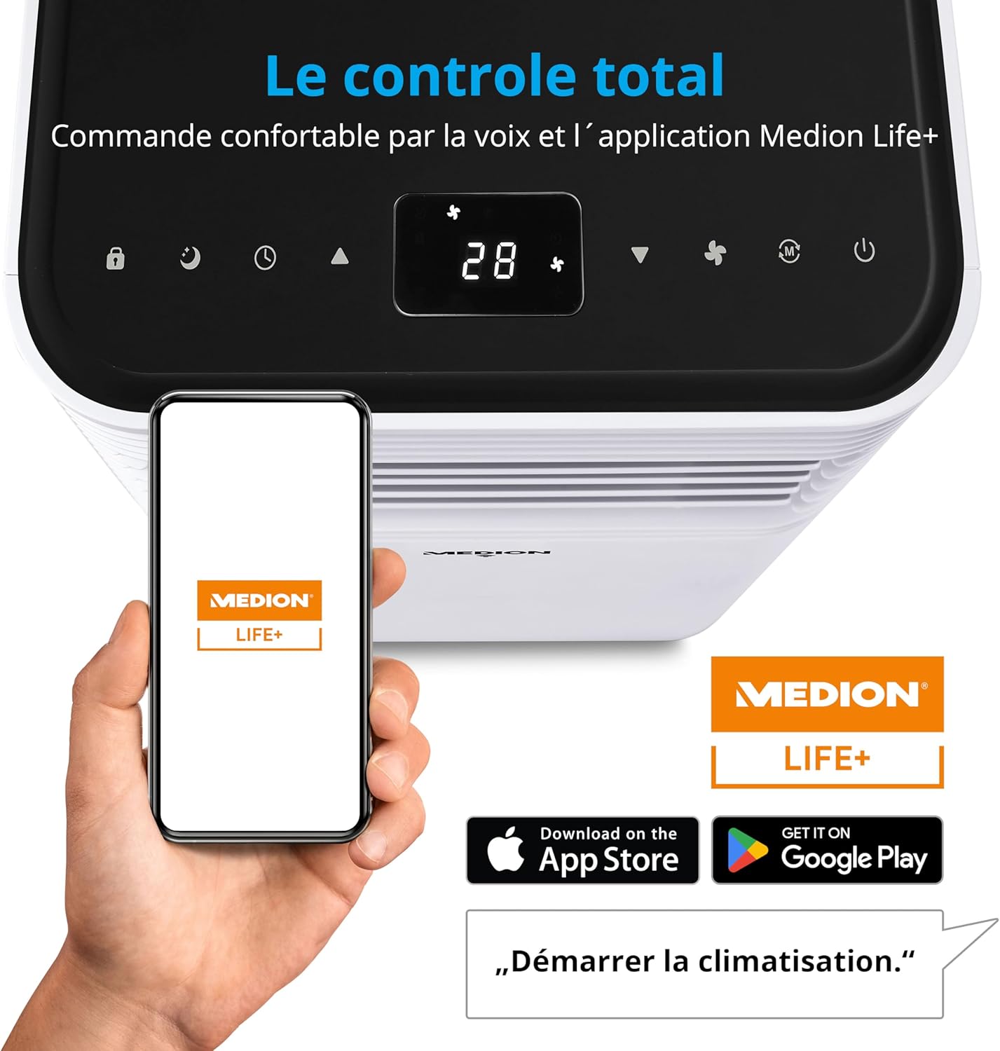 MEDION Smart Climatiseur Mobile P1002 (10000 BTU, 3-en-1, Refroidir, Déshumidification, Ventilation, jusqu'à 34m², kit de joint de fenêtre, mode sommeil, contrôle Wifi, Télécommande, Écran, MD 37733)