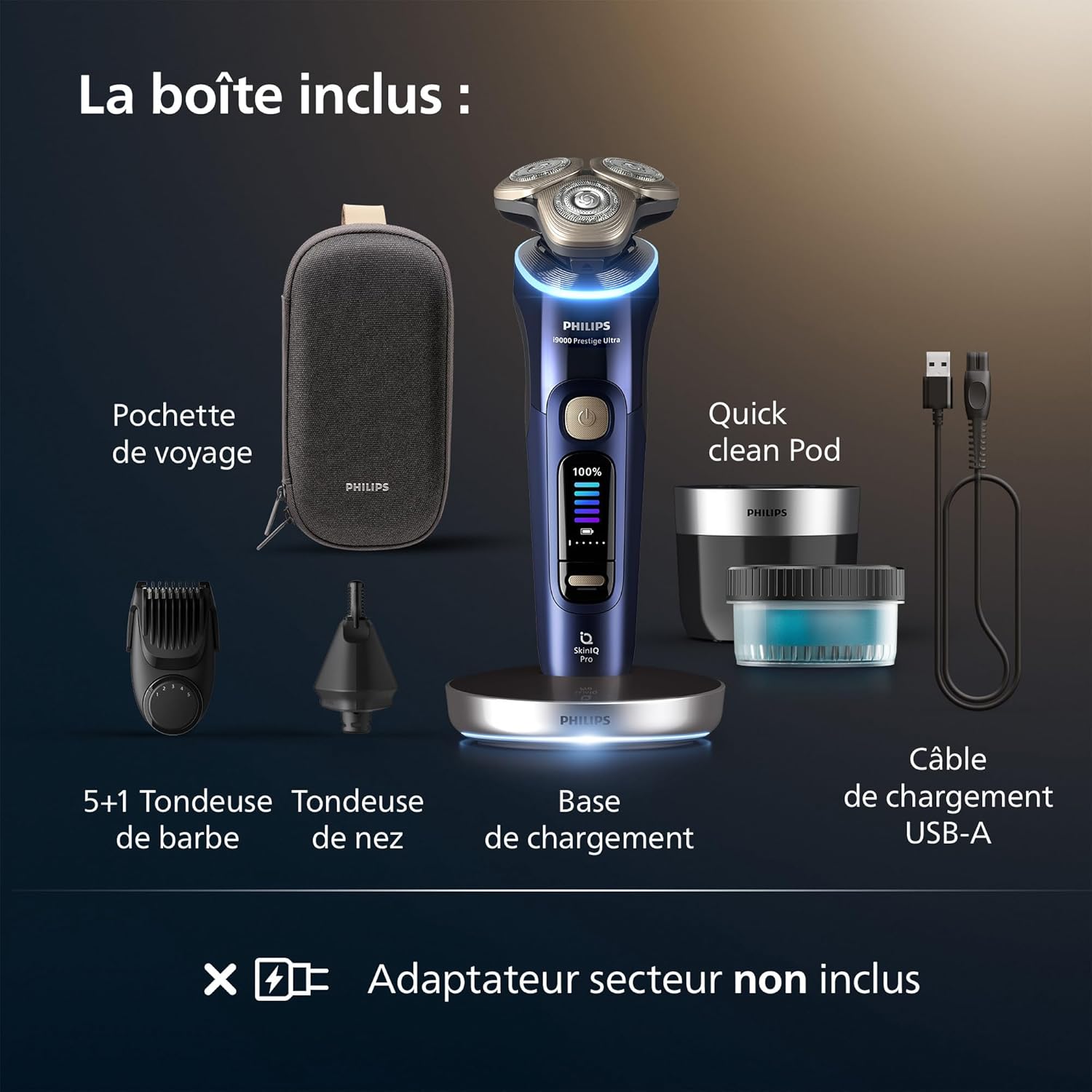 Philips Rasoir i9000 Prestige Ultra, Rasoir électrique 100% étanche, Technologie Skin IQ Pro, Système Triple Lift & Cut, Lames de précision NanoTech rotatives 360°, 5 modes de rasage, XP9401/38