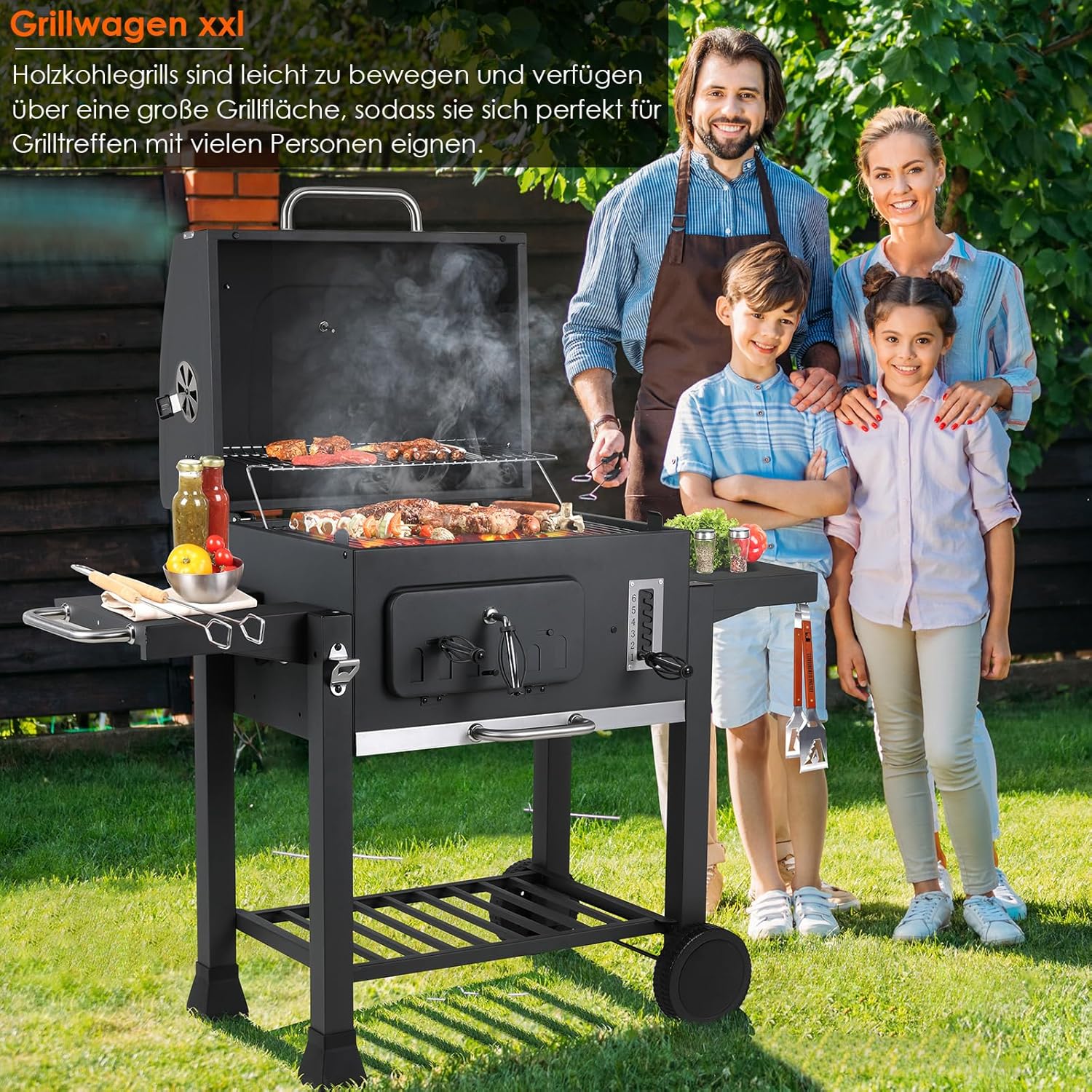 Barbecue Charbon de Bois XL, Chariot à Barbecue, Grill XL à Charbon avec Couvercle, Roues et Thermomètre, Réglable en Hauteur, Grand Barbecue au Charbon de Bois, pour Camping et Jardin, Noir