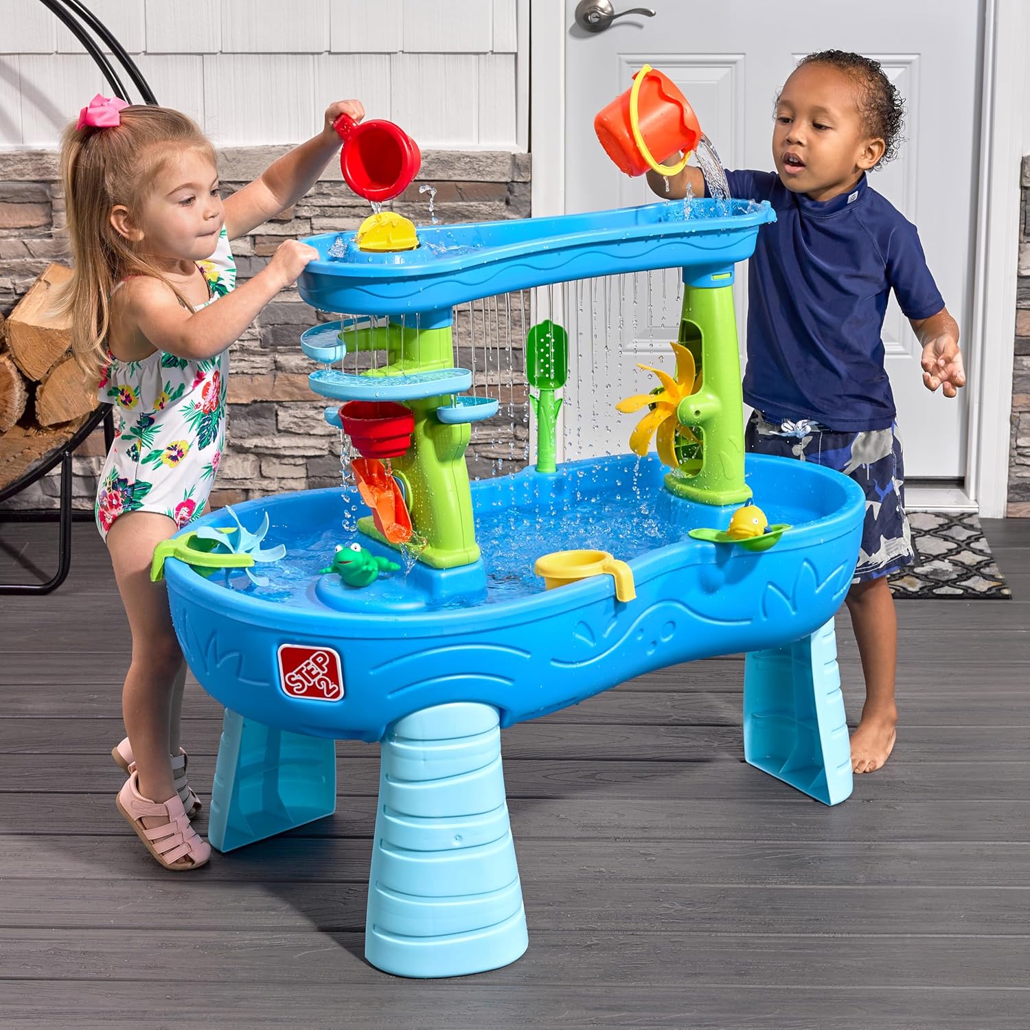 Step2 Rain Shower Splash Table d'eau avec 13 Accessoires - Bleu & Vert | Table Jeux d'eau | Table d’activité pour Le Jardin, Table Activité Eau | Table d'eau Extérieur
