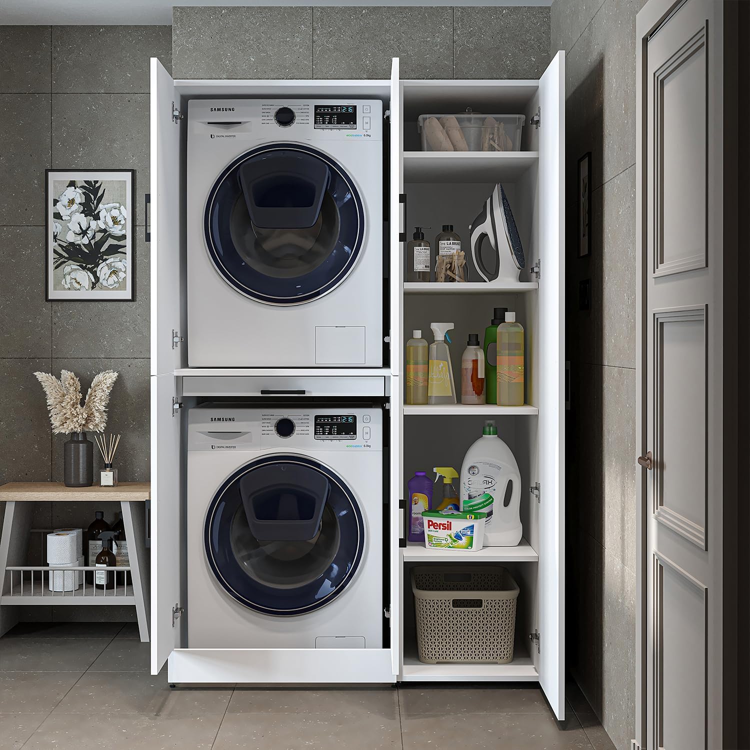 ROOMART Dora - Armoire de machine à laver - Pour sèche-linge et machine à laver - En 4 couleurs - Avec portes et panneau coulissant - Blanc - Chêne blanc - Chêne anthracite - Chêne blanc (chêne blanc)