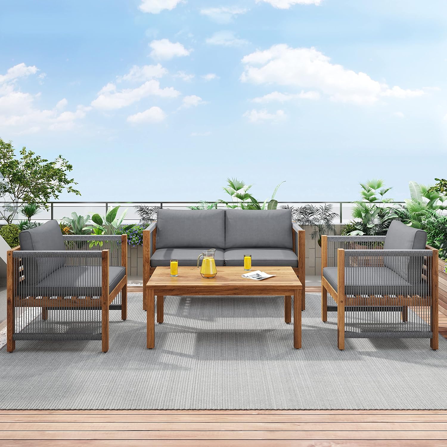 Zepneiy Salon de Jardin, Salon de Jardin 4 Personnes, avec canapé, Table Basse et Coussins, Housse en Tissu déhoussable et Lavable, Noir (Coussins d'assise Inclus)