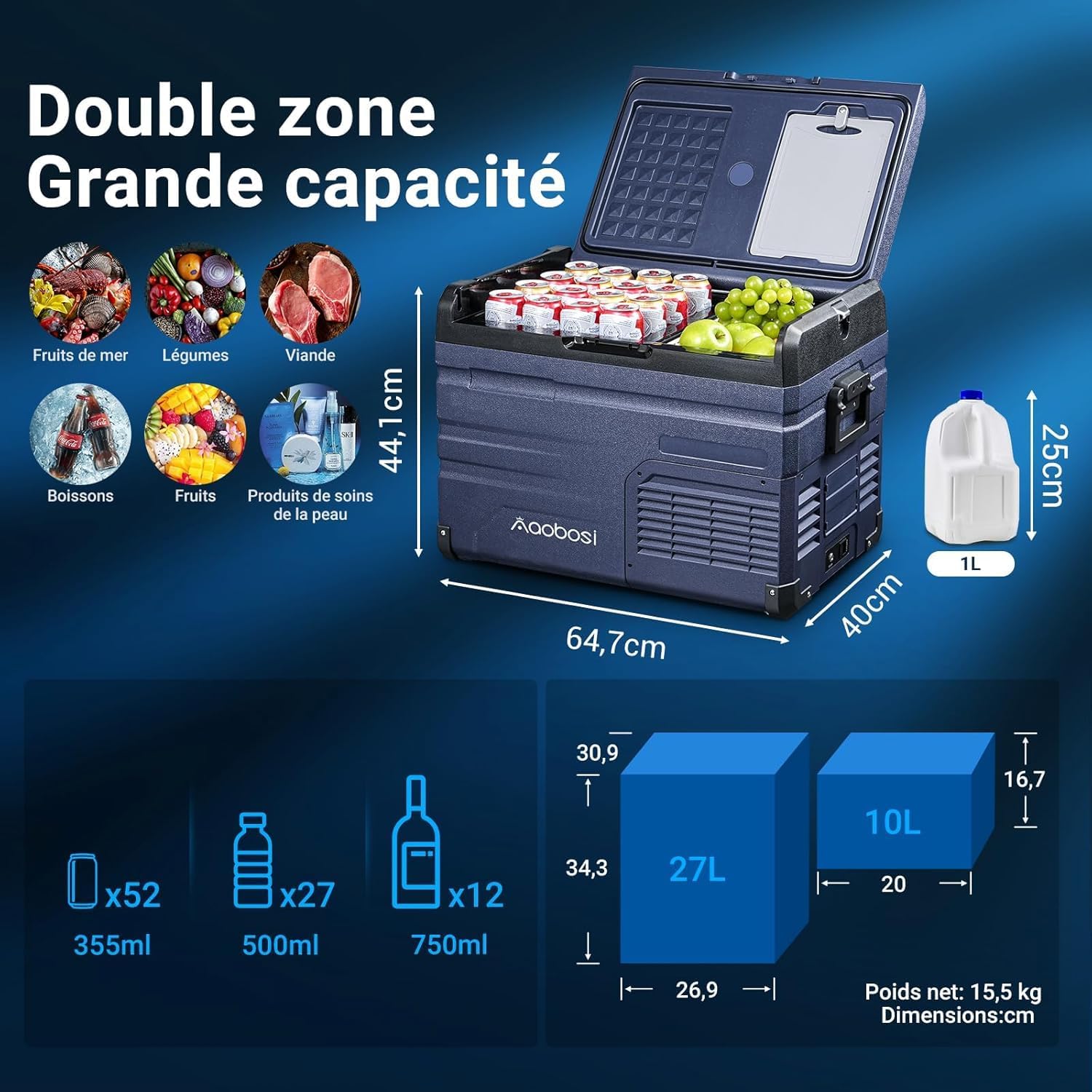 AAOBOSI 46 L Glaciere a Compression, Glaciere Electrique Double Zone, 12 V/24 V et 100-240 V Frigo Camping, -20 ℃ à 20 ℃, pour Voiture, Camion, Bateau, Camping-Car