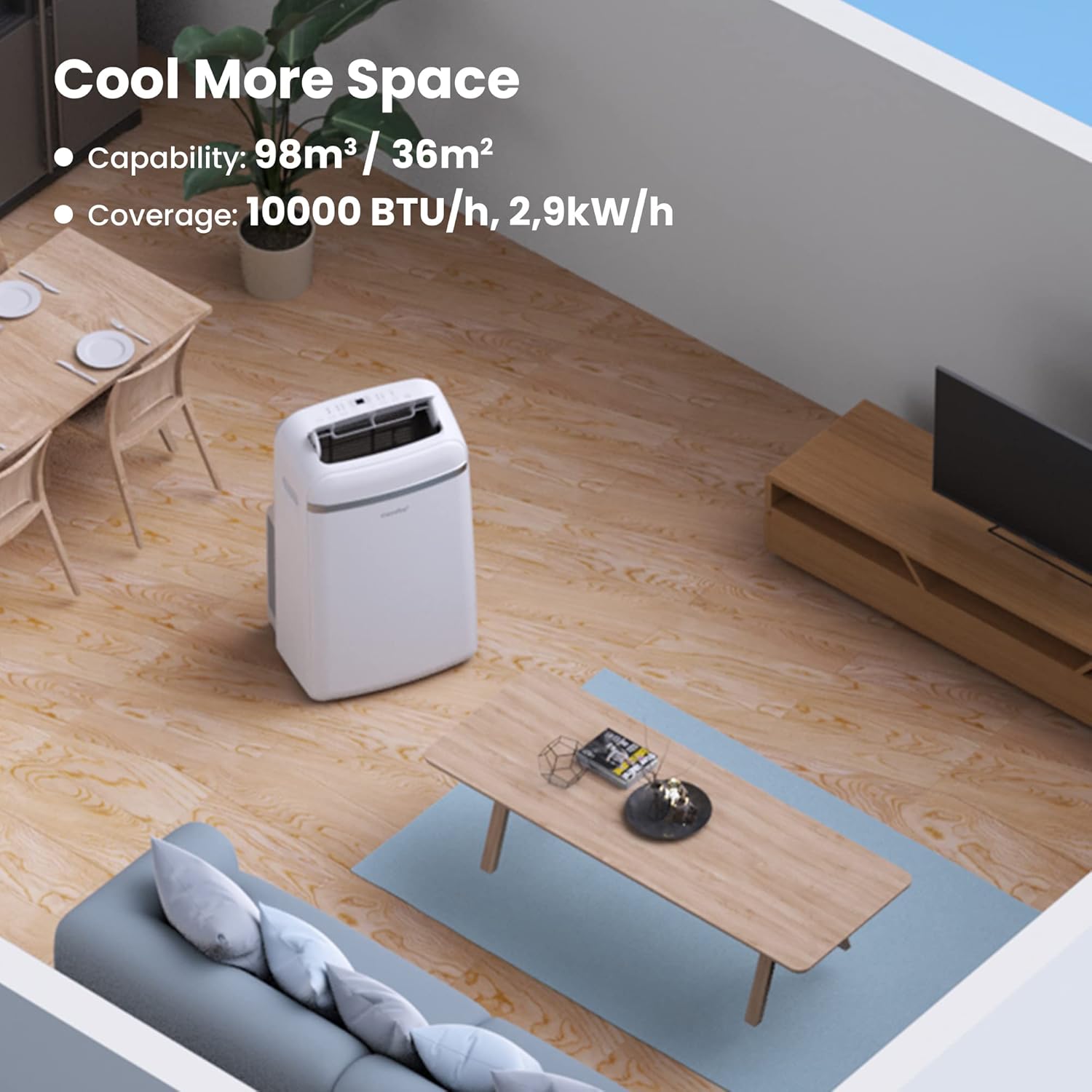 COMFEE' Climatiseur Mobile 9000 BTU/h 2,6kW, 3-EN-1 Refroidisseur Déshumidificateur Ventilateur, Fonction Follow me, Minuterie, Mode nuit, Pour salon et maison de 33㎡/88m³, MPPH-09CRN7, R290