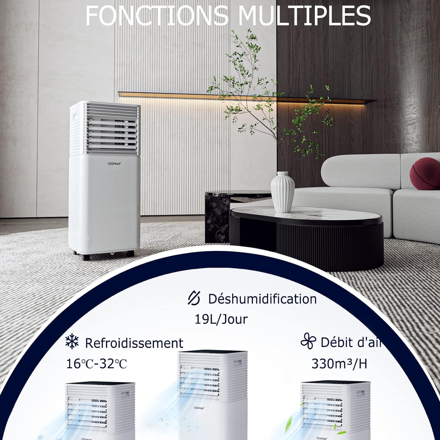 GOPLUS Climatiseur Mobile 9000BTU 2,6kW, Climatiseur 4 en 1 Fonction de Refroidissement, Déshumidification, Ventilation, Mode Nuit, Minuterie 24H, Contrôle Télécommande/Écran, 20㎡, Noir, R290