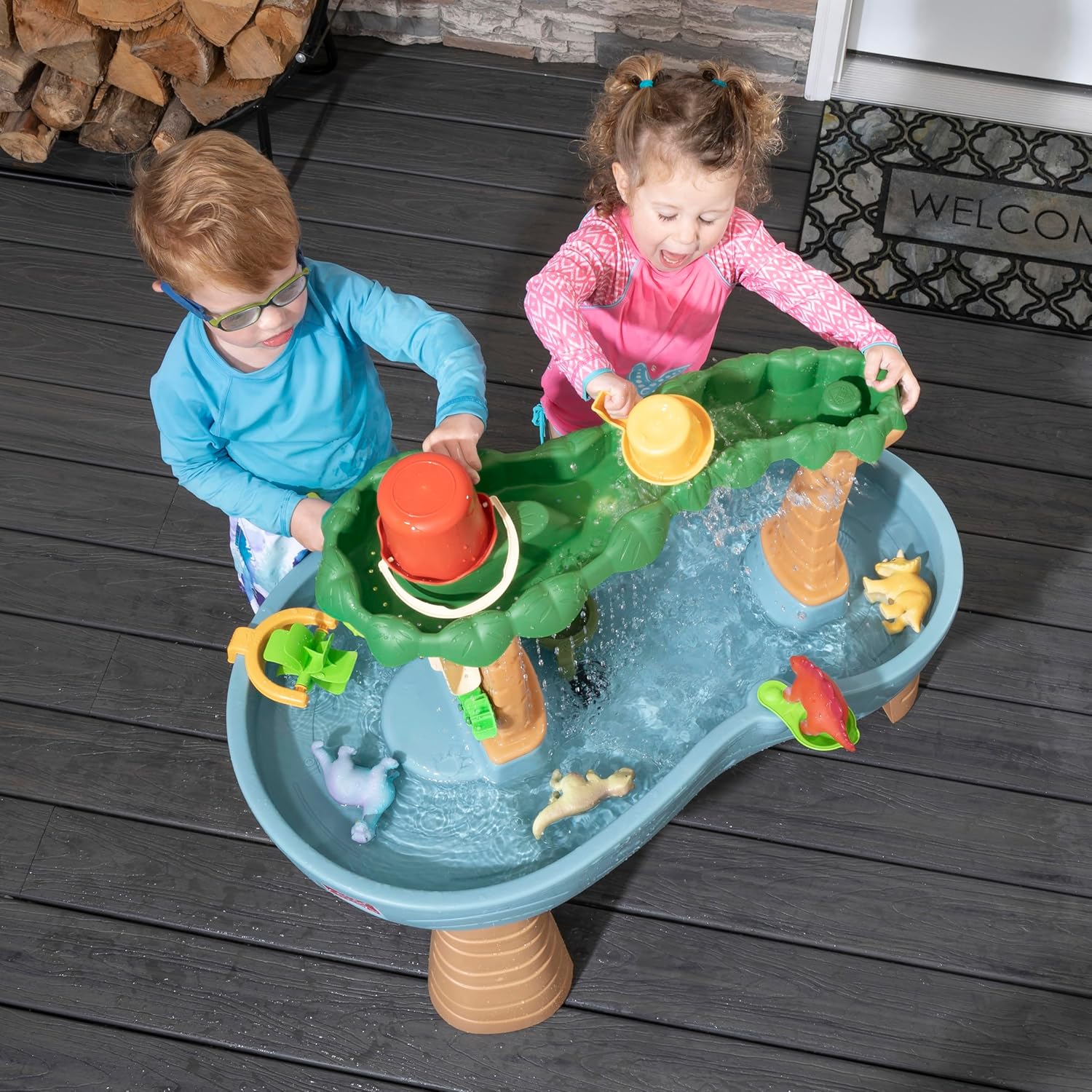 Step2 Rain Shower Splash Table d'eau avec 13 Accessoires - Bleu & Vert | Table Jeux d'eau | Table d’activité pour Le Jardin, Table Activité Eau | Table d'eau Extérieur