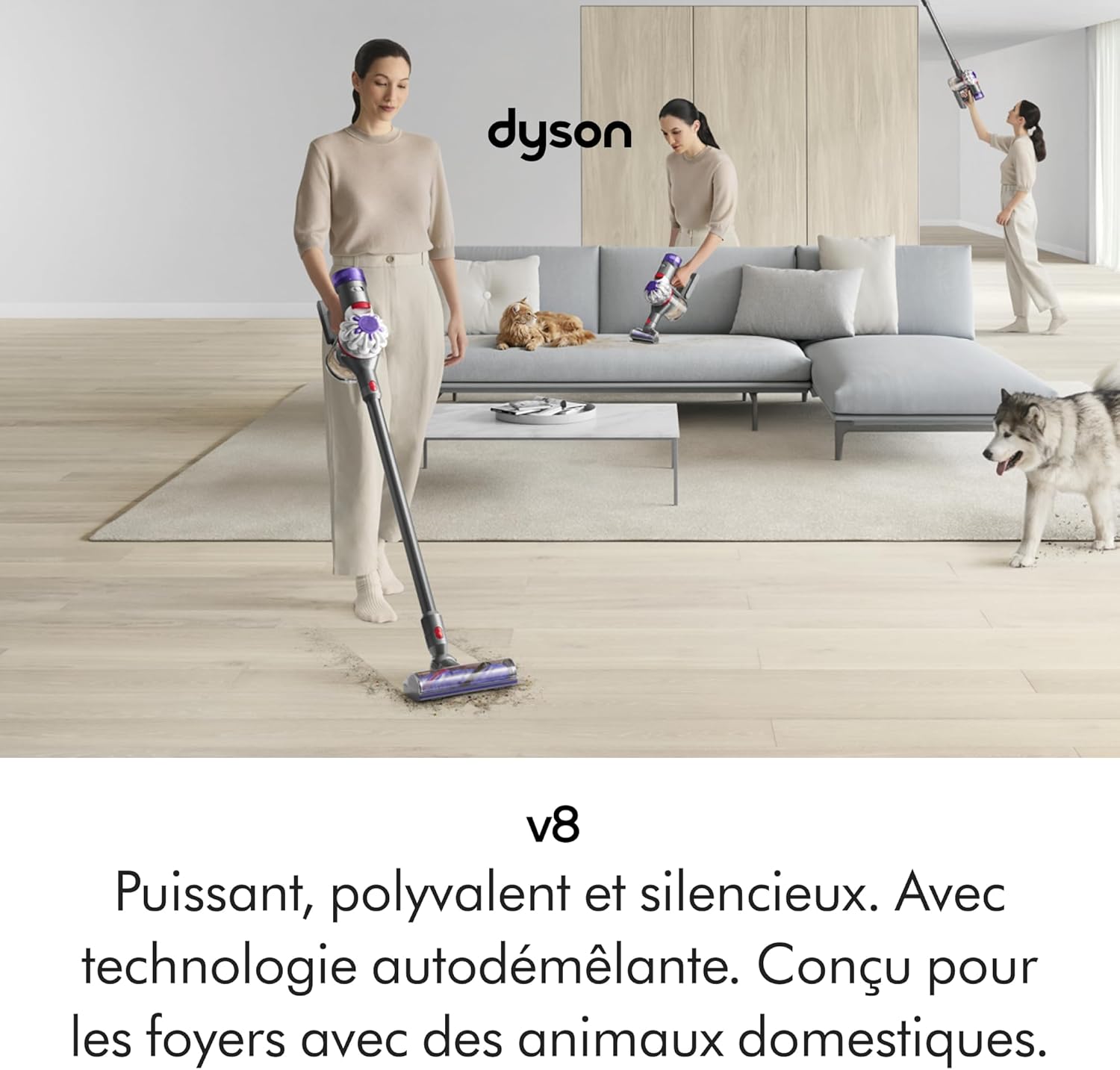 Dyson V8 Advanced™ Aspirateur Balai sans Fil – 130 AW, 40 Min d’autonomie, Brosse Motorbar Auto-démêlante, Accessoires combinés, Station Murale, Argent/Nickel