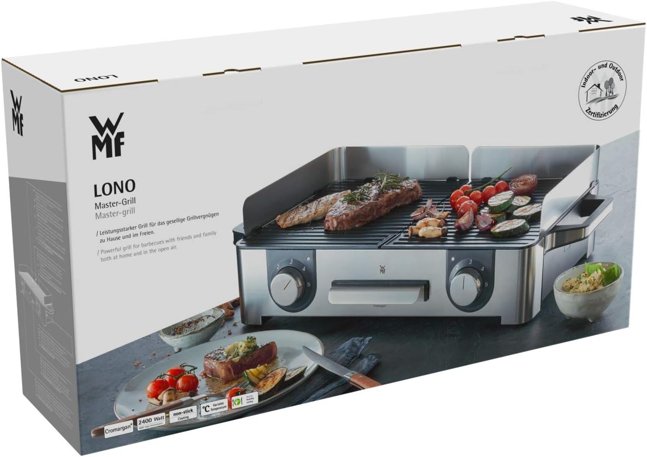 WMF Master-Grill électrique, 2400W, Grande surface 28x50cm, Revêtement antiadhésif, Plaques amovibles compatibles lave-vaisselle, Inox 18/10 Cromargan, Lono 0415280011