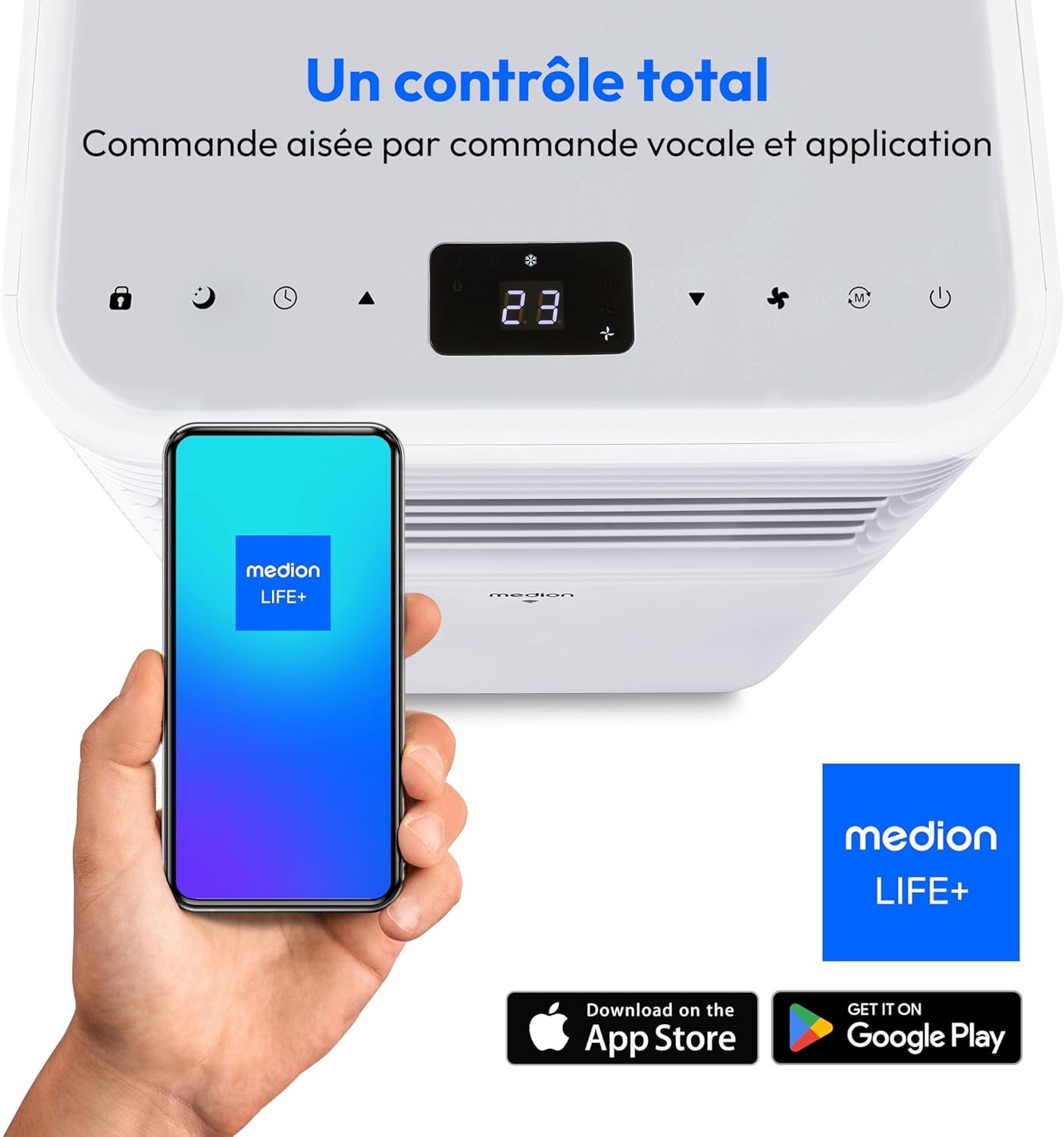 MEDION Smart Climatiseur Mobile P1002 (10000 BTU, 3-en-1, Refroidir, Déshumidification, Ventilation, jusqu'à 34m², kit de joint de fenêtre, mode sommeil, contrôle Wifi, Télécommande, Écran, MD 37733)