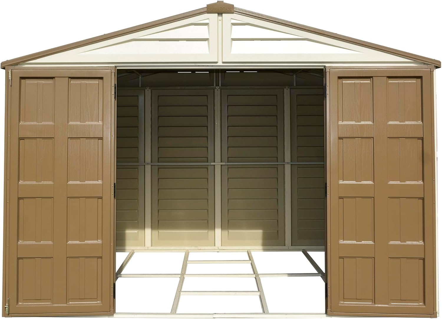 Duramax WoodBridge Plus 10 x 8 (7.64 m²) Abri de jardin en plastique avec 1 fenêtre fixe et kit de fondation en métal, structure de toit en métal robuste et abri de jardin sans entretien - Ivory/Brown