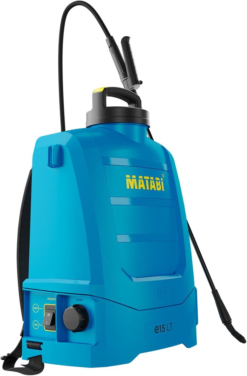 Pulvérisateur Électrique Matabi e15 LT - Batterie Amovible Li-ION - Jusqu'à 150L d'Autonomie - Design Compact et Léger - Sangles Rembourrées - Réservoir Ergonomique - Buses Incluses - Fabriqué en EU