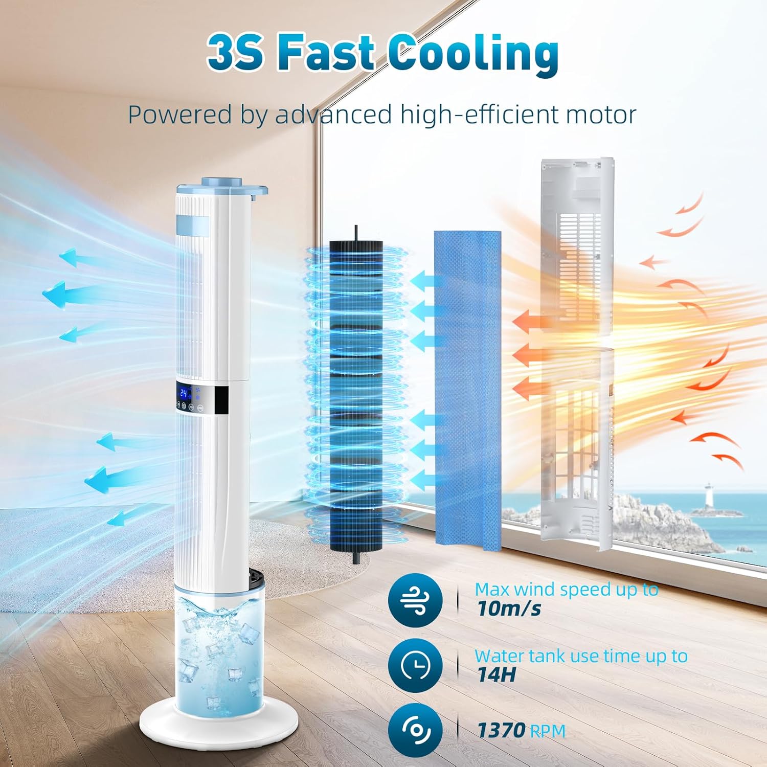Climatiseur Mobile Silencieux Rafraîchisseur d'air avec Humidificateur, Ventilateur, 2 Sortie d'air, 360°Oscillation, 65W, 24H Minuteries, 3 Vitesses, 4 Modes,Télécommande pour Chambre Bureau