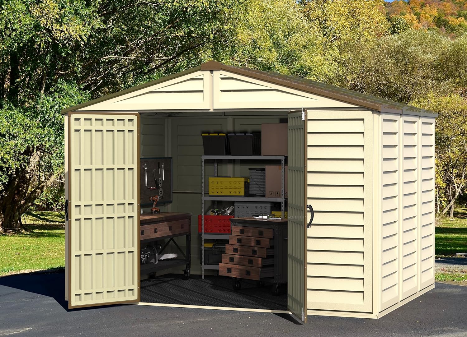 Duramax WoodBridge Plus 10 x 8 (7.64 m²) Abri de jardin en plastique avec 1 fenêtre fixe et kit de fondation en métal, structure de toit en métal robuste et abri de jardin sans entretien - Ivory/Brown