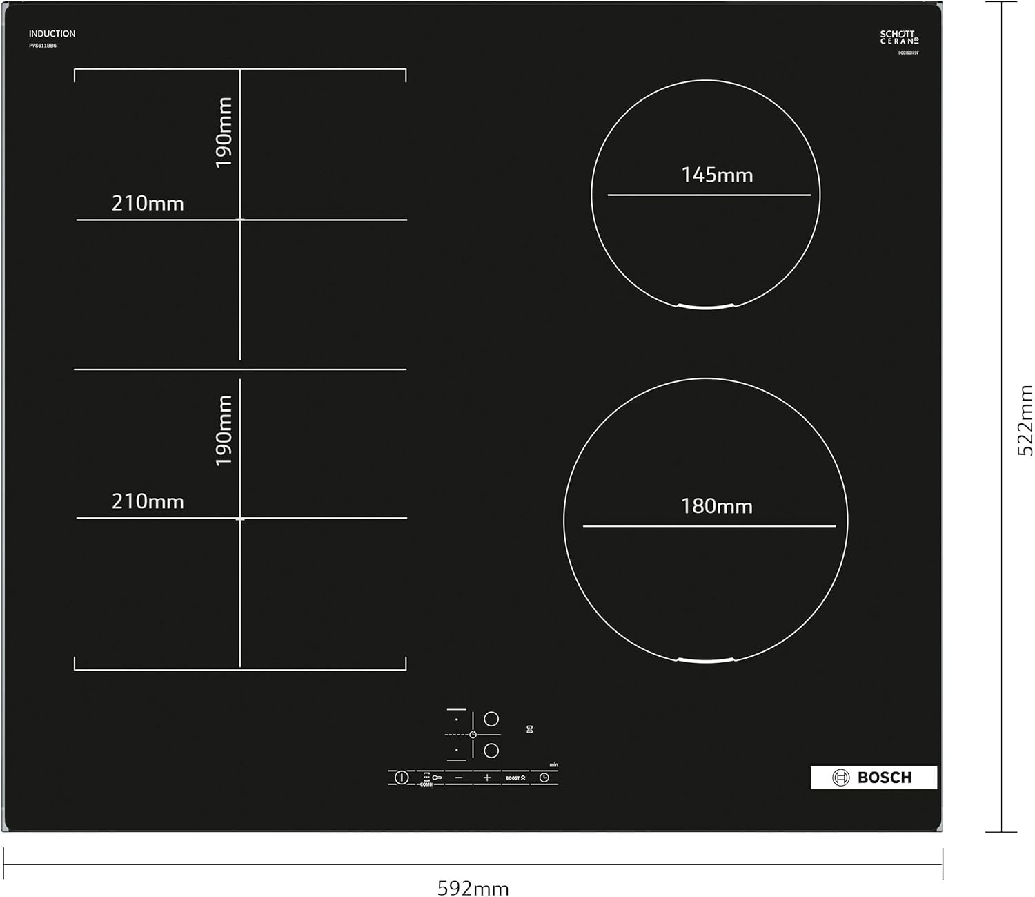 Bosch PUJ611BB5E, Série 4, Plaque induction, 3 feux, 60 cm, Noir, Sans cadre