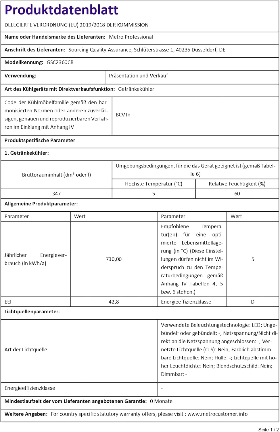 METRO Professional Réfrigérateur à Boissons GSC2360B, Acier/Verre, 62 x 63.6 x 175.3 cm, 347 L, avec Serrure, Noir
