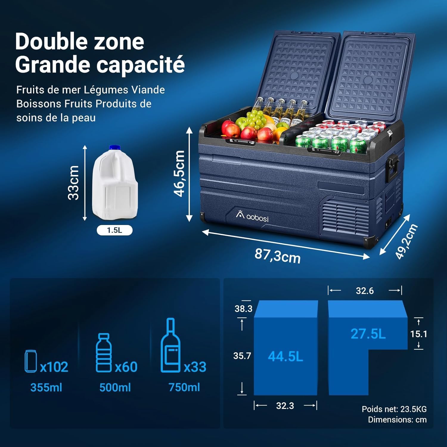 AAOBOSI 46 L Glaciere a Compression, Glaciere Electrique Double Zone, 12 V/24 V et 100-240 V Frigo Camping, -20 ℃ à 20 ℃, pour Voiture, Camion, Bateau, Camping-Car