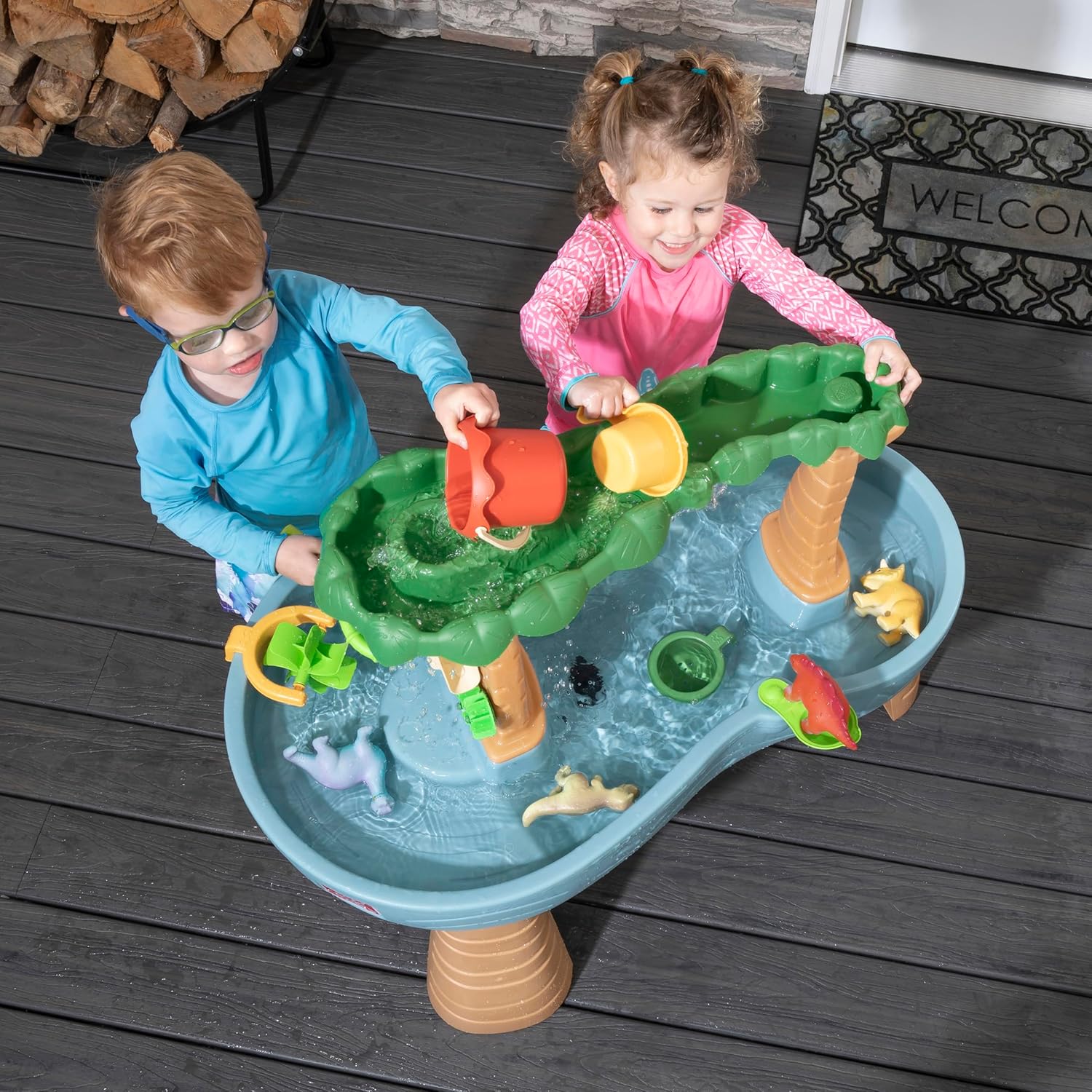 Step2 Rain Shower Splash Table d'eau avec 13 Accessoires - Bleu & Vert | Table Jeux d'eau | Table d’activité pour Le Jardin, Table Activité Eau | Table d'eau Extérieur