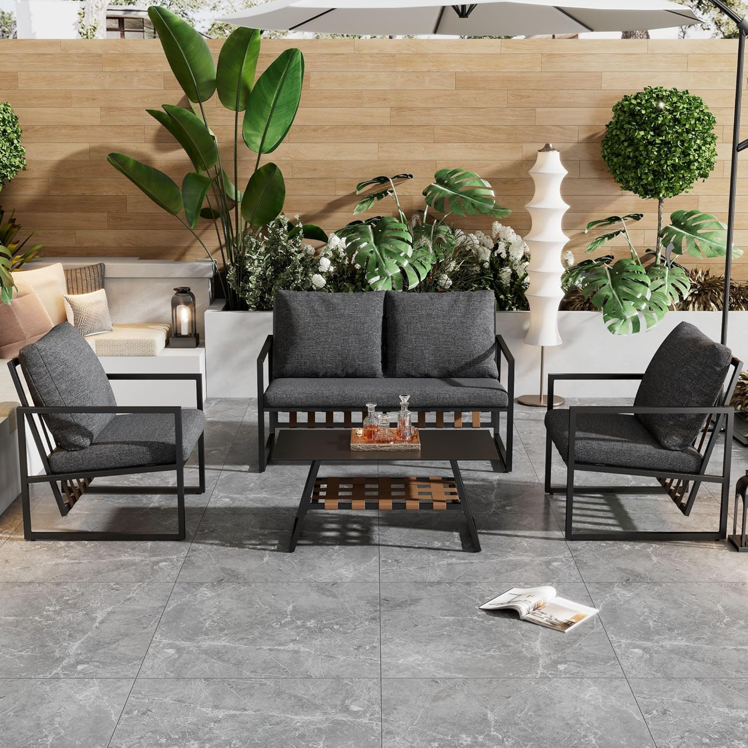 Zepneiy Salon de Jardin, Salon de Jardin 4 Personnes, avec canapé, Table Basse et Coussins, Housse en Tissu déhoussable et Lavable, Noir (Coussins d'assise Inclus)