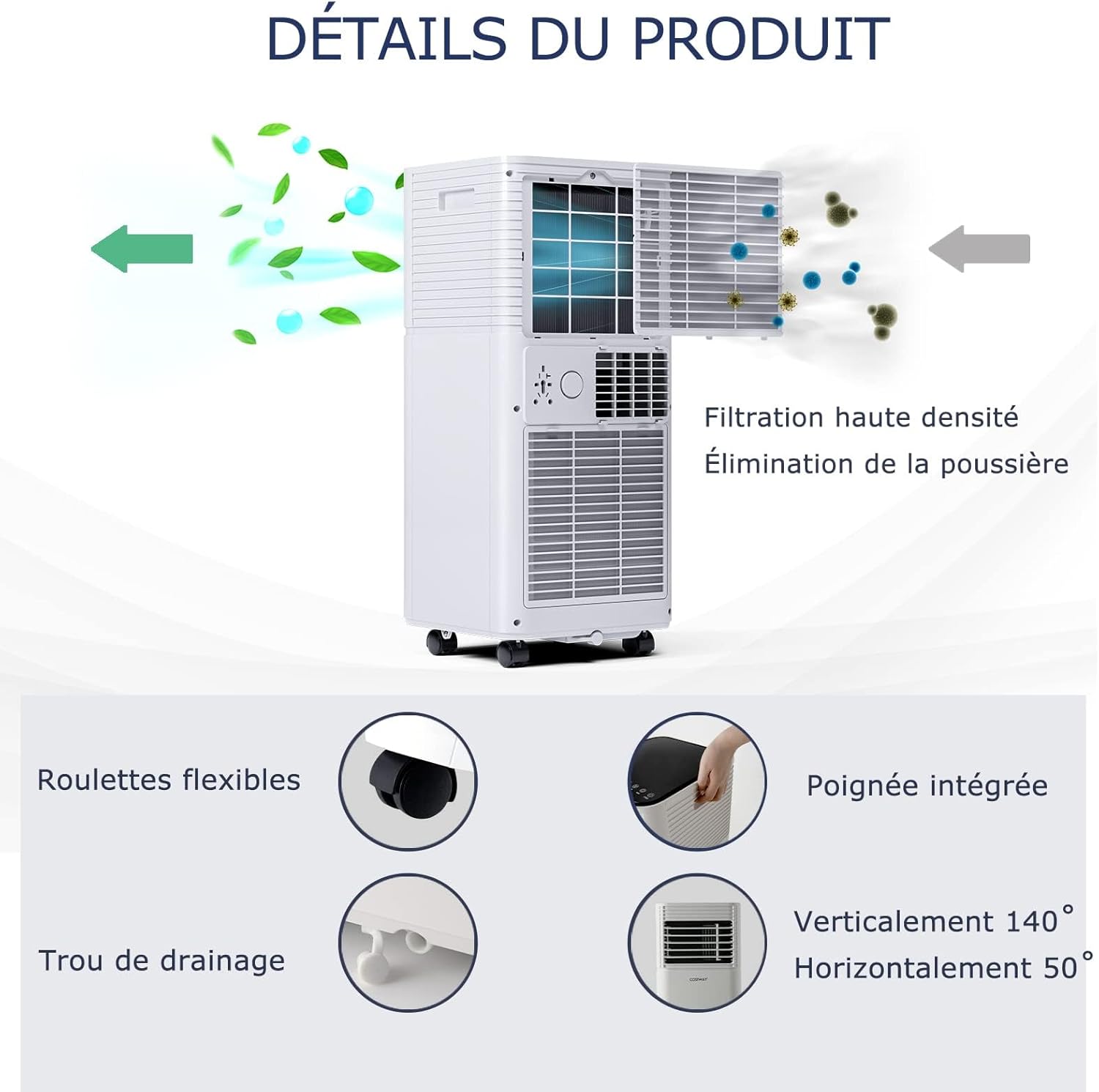 GOPLUS Climatiseur Mobile 9000BTU 2,6kW, Climatiseur 4 en 1 Fonction de Refroidissement, Déshumidification, Ventilation, Mode Nuit, Minuterie 24H, Contrôle Télécommande/Écran, 20㎡, Noir, R290