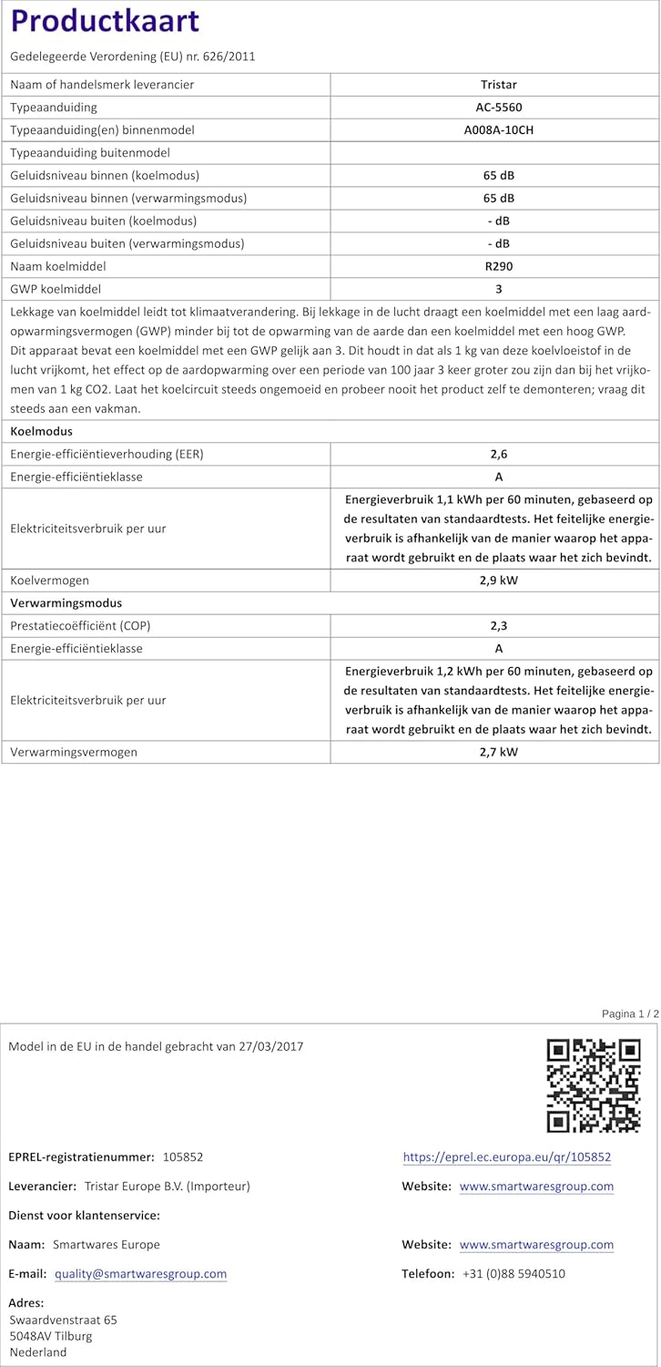 Climatiseur mobile Tristar AC-5560, 10 000 BTU et 2,9kw, fonctions refroidissement, déshumidification, ventilation et chauffage
