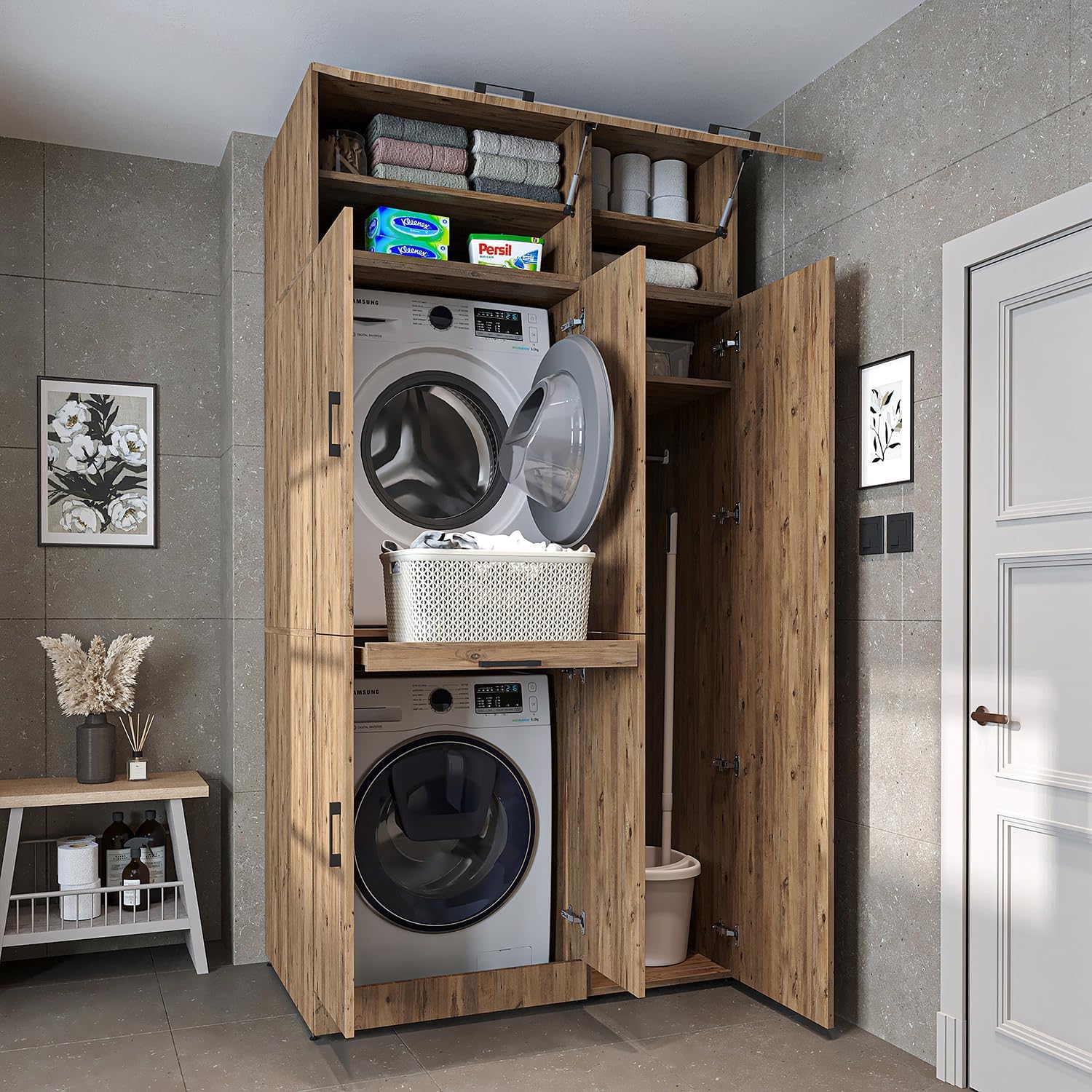 ROOMART Dora - Armoire de machine à laver - Pour sèche-linge et machine à laver - En 4 couleurs - Avec portes et panneau coulissant - Blanc - Chêne blanc - Chêne anthracite - Chêne blanc (chêne blanc)