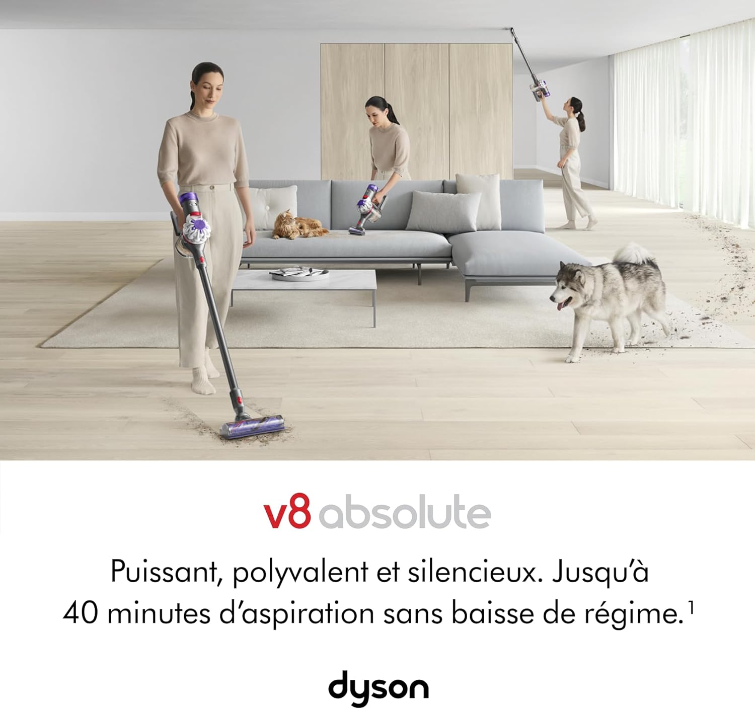 Dyson V8 Advanced™ Aspirateur Balai sans Fil – 130 AW, 40 Min d’autonomie, Brosse Motorbar Auto-démêlante, Accessoires combinés, Station Murale, Argent/Nickel