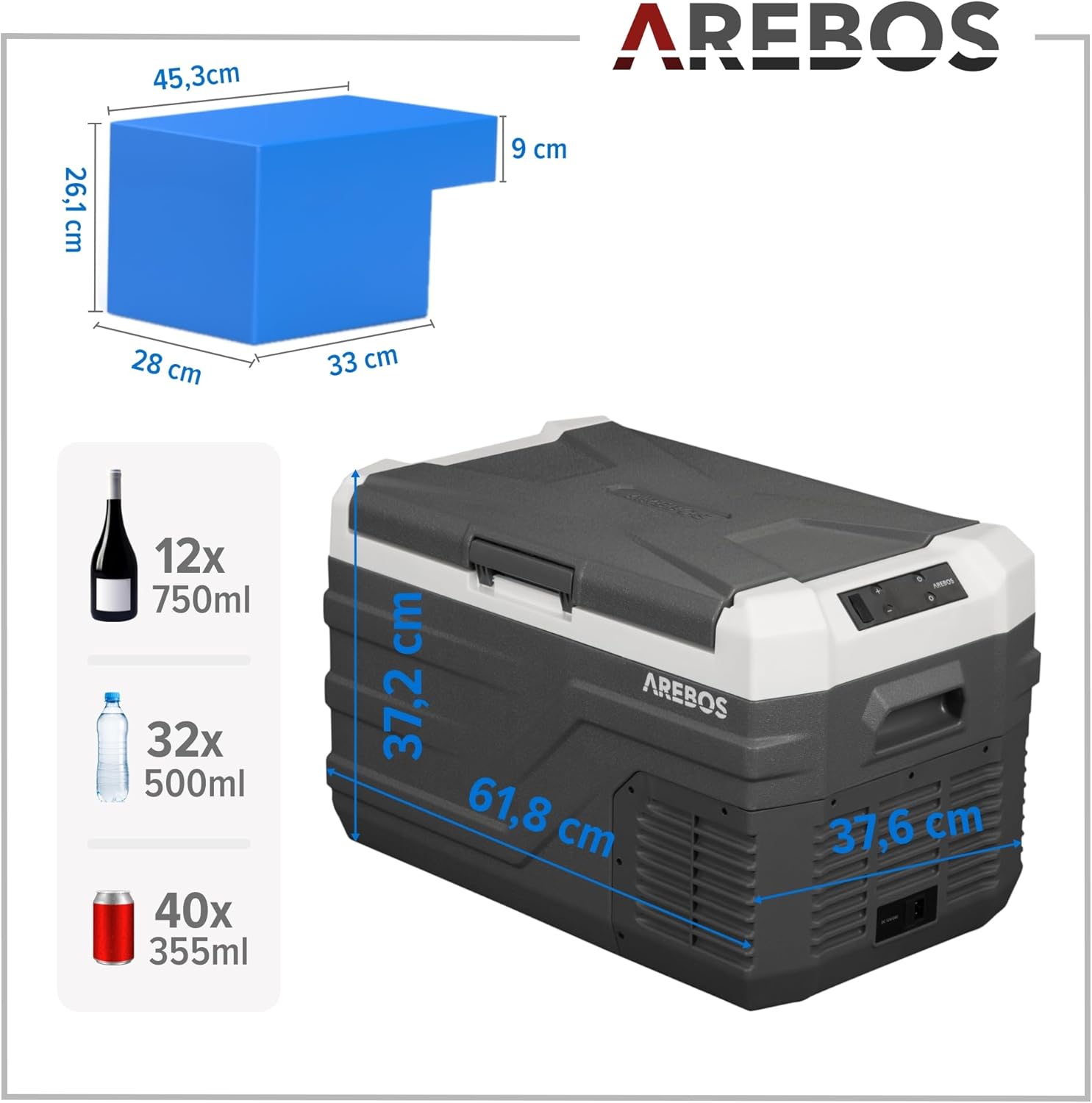 Arebos Glacière compresseur 26 l | Glacière électrique avec application et contrôle intelligent | Réfrigérateur mobile avec port USB | jusqu'à -20 °C | 12/24 V 230 V | Pour voiture, camion, camping,