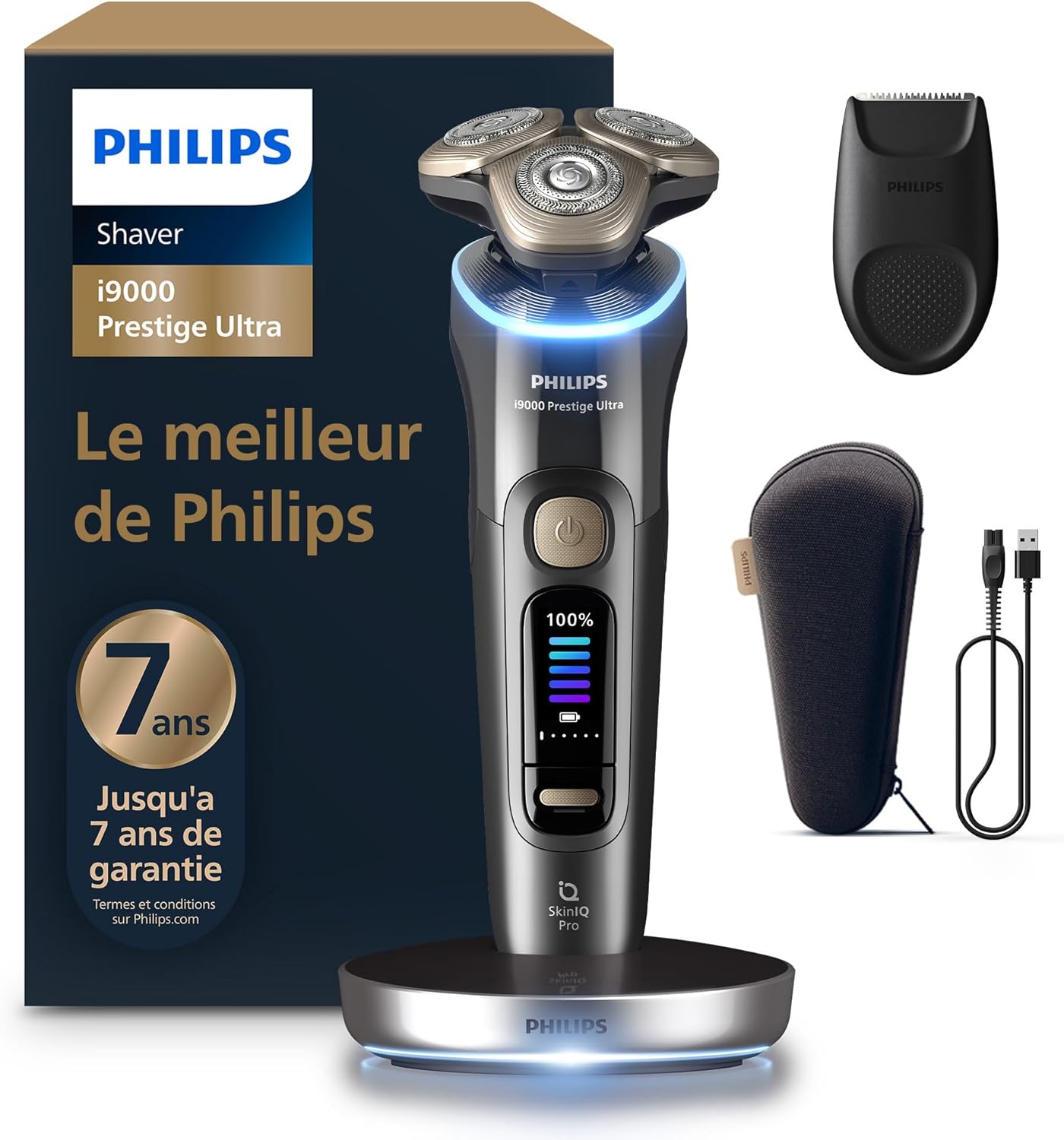 Philips Rasoir i9000 Prestige Ultra, Rasoir électrique 100% étanche, Technologie Skin IQ Pro, Système Triple Lift & Cut, Lames de précision NanoTech rotatives 360°, 5 modes de rasage, XP9401/38